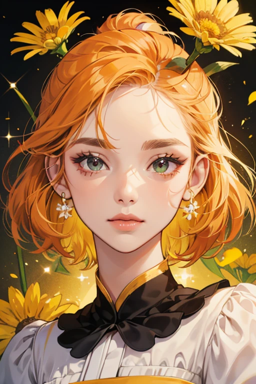 Daisy's face is orange. She has a nose, two black eyes, and a black mouth. Her body is green as a stem and she has shiny yellow petals on top of her head. SPARKLE; GLITTER