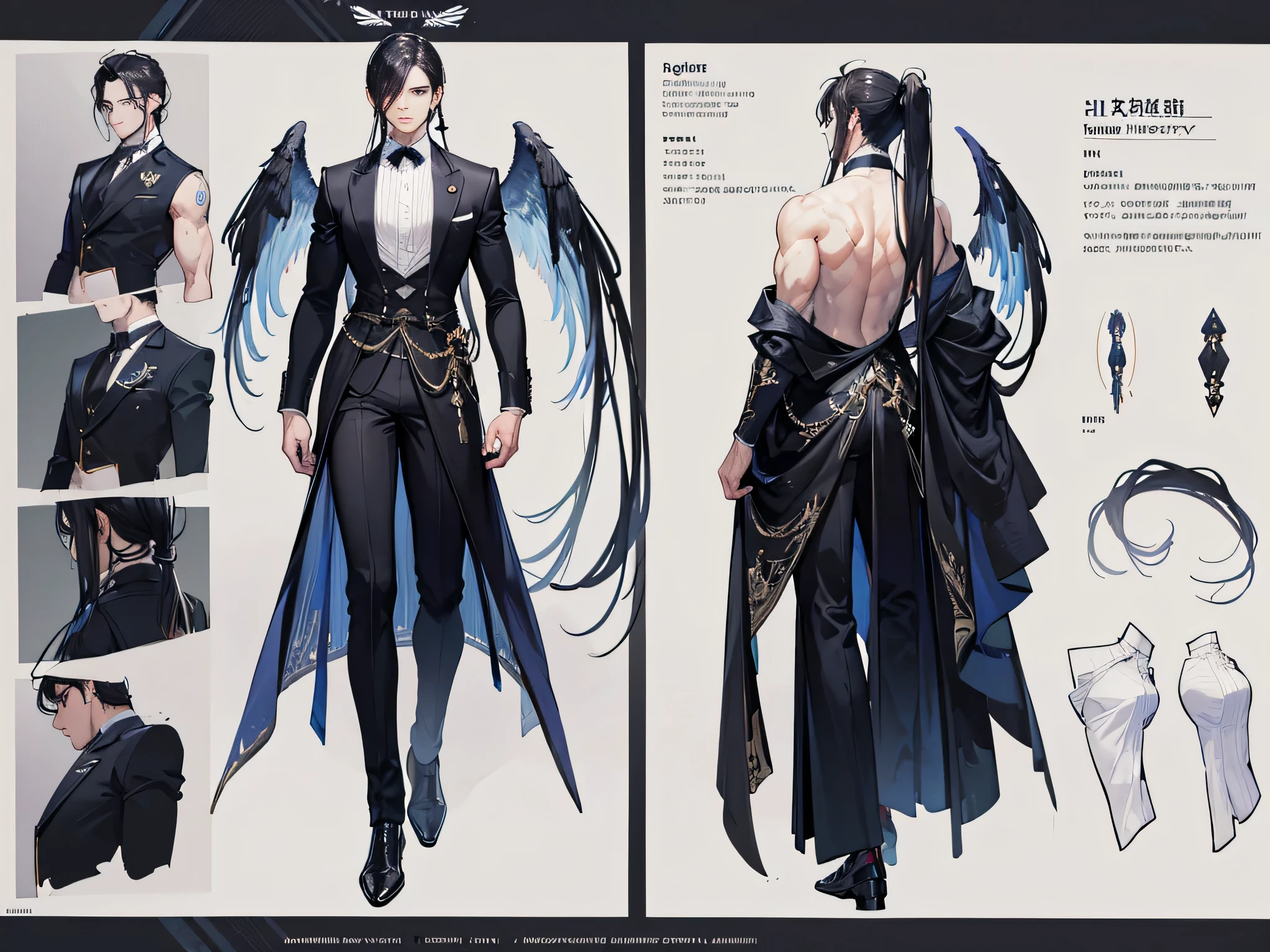 ((Masterpiece, Highest quality)), Male, boy, Detailed face, character design sheet， full bodyesbian, Full of details, frontal body view, back body view, Highly detailed, Depth, Many parts, angel wings, black hair, angel outfit, Muscle boy with black long ponytail hair，handsome man, male angel , man tall, 