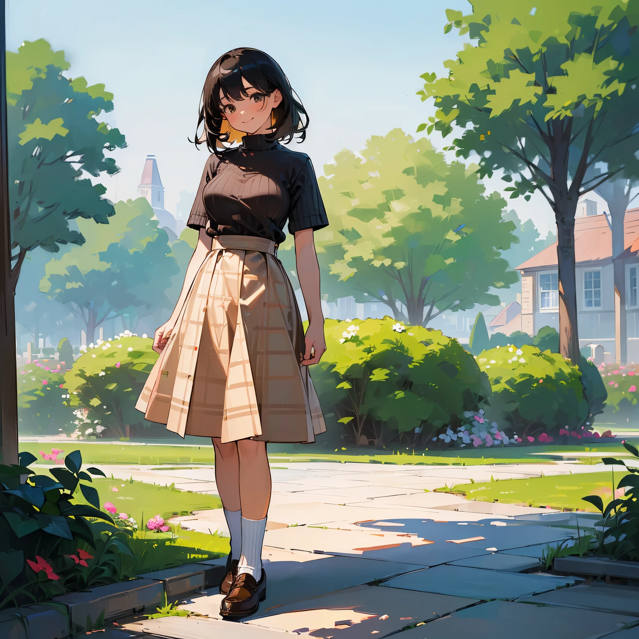 (high quality, High resolution, Very detailed, reality:1.37), Peaceful atmosphere, (Outdoor, garden), Teenage girl standing alone, (my breasts are big.), Beautiful details, Cute Smile, (Black bob hair), Short sleeve ribbed sweater, burberry check skirt, White socks, Brown leather shoes.