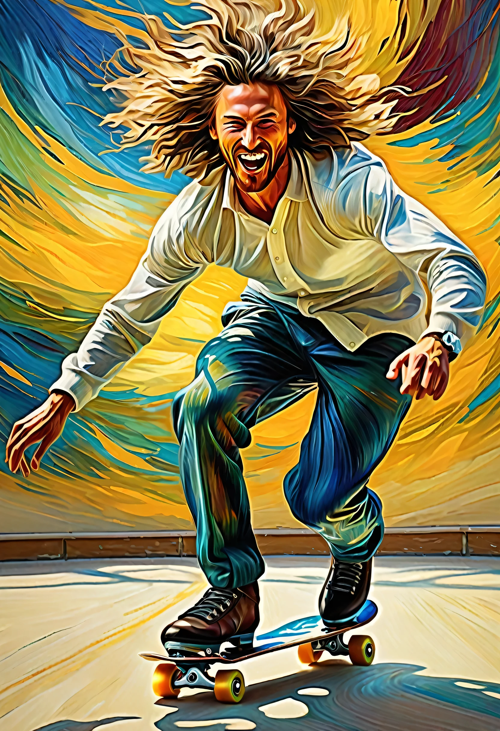 beautiful man playing skating ,vibrant colors,van gogh style,leonardo da vinci style,energetic strokes,expressive brushwork,dynamic composition,playful atmosphere,soft lighting,graceful movements,impressionistic background,naturalistic portrayal,detailed facial features,flowing hair,athletic body,action pose,warm color palette,painterly textures,implied motion,dramatic shadows,realistic facial expression,happy and confident demeanor,subtle perspective,exciting sports scene,emotional depth,vivid contrast,implied depth,masterful technique,stunning visual impact,artistic flair,classic art fusion,majestic and graceful.