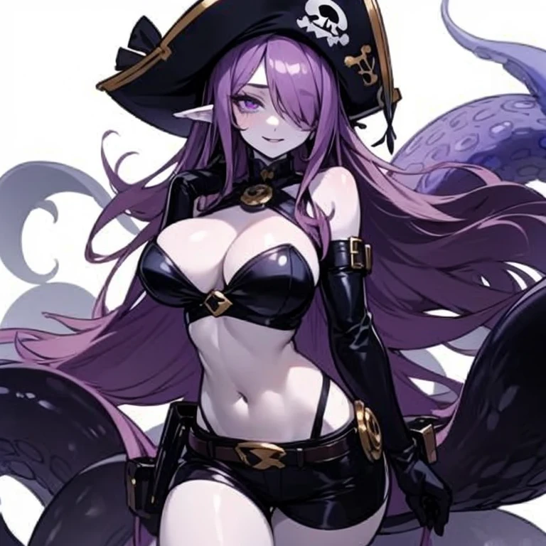 Masterpiece, best quality, expressive eyes, perfect face, 1girl, monster girl, breasts, hair over one eye, gloves, solo, scylla, large breasts, navel, long hair, looking at viewer, tentacles, hat, black gloves, suction cups, purple hair, hair over one eye, simple background, elbow gloves, white background, purple eyes, pale skin, very long hair, smile, bare shoulders, pirate suit, shorts, thigh_belt, bandages, shoulder belt, chest sarashi,