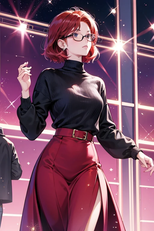 Dana is tall with fair skin, short red hair, and black glasses. She wears a pink sweater during practice and a blue gown in the actual pageant. SPARKLE; GLITTER