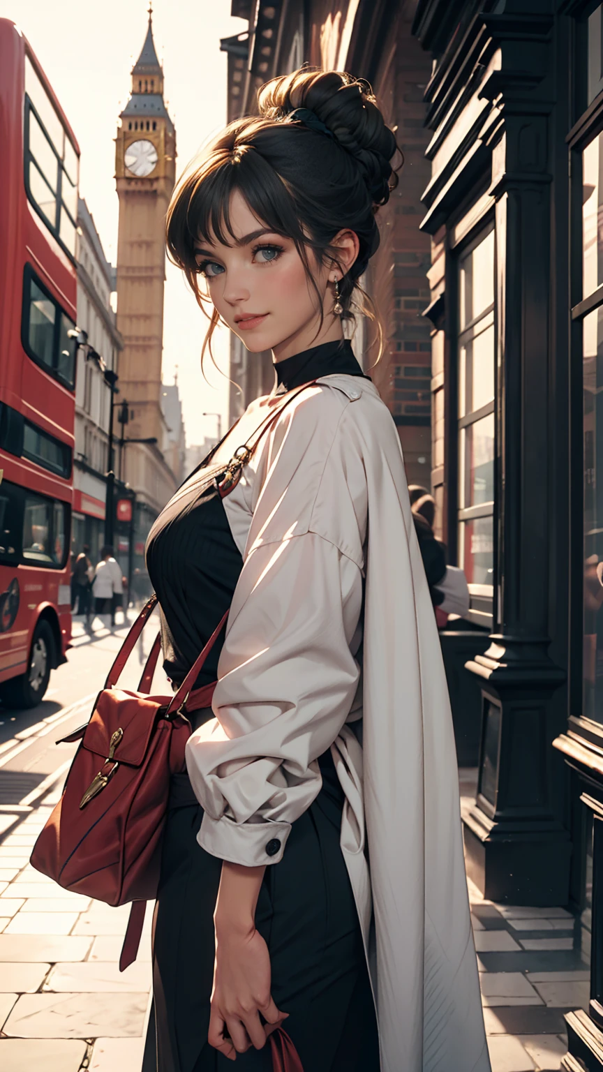 London、British film actress's classic coat dress and short cape、Harizont Blue、British woman、White、Blonde、blue eyes、Wavy hair、Smile