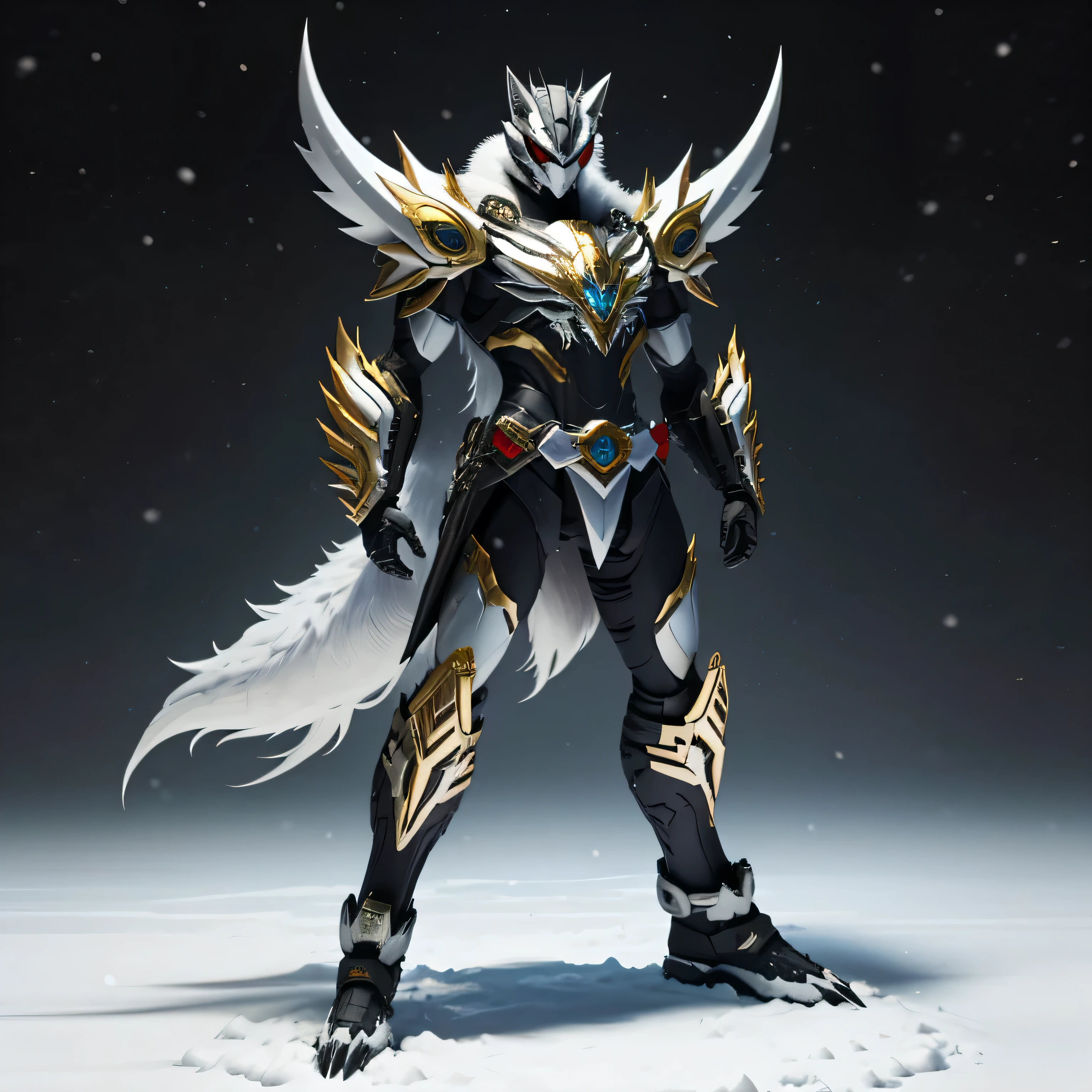 best quality)), ((masterpiece)), (detailed), perfect face, Snow White, Wolf Kamen Rider, Snowy background, Single person, Sleek Wolf Armor, Full Body, Wolf Base, Kamen Rider, 1 male, Zinogre