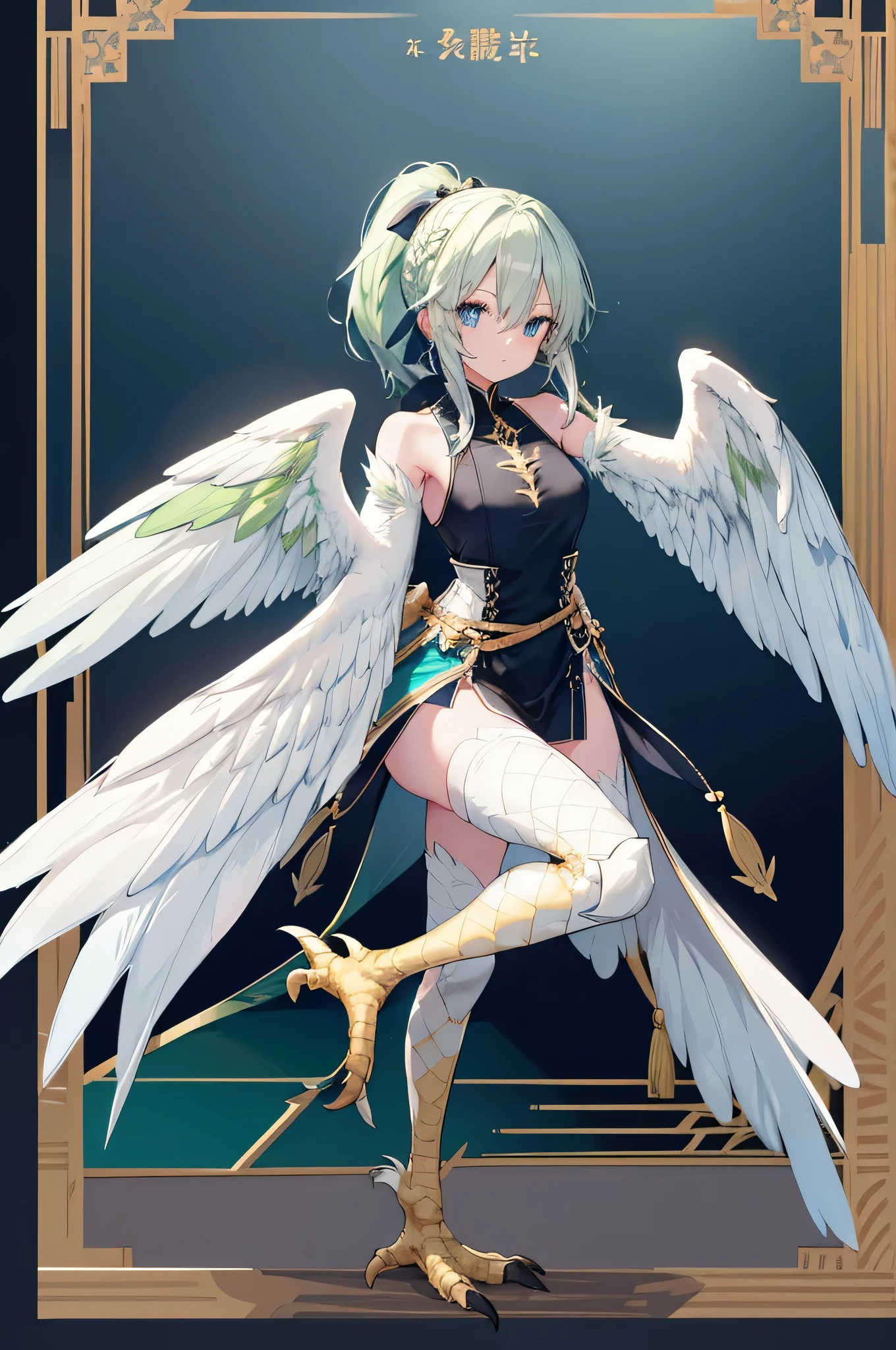 4k,High resolution,One Woman,harpy,White green hair,Short Ponytail,Braid,Blue Eyes,White Wings,Golden toenails,knight,White knight armor,Heavy Armor,Full Armor,Sleeveless,knight helmet,Jewelry decoration,Short Sword,Medieval castle