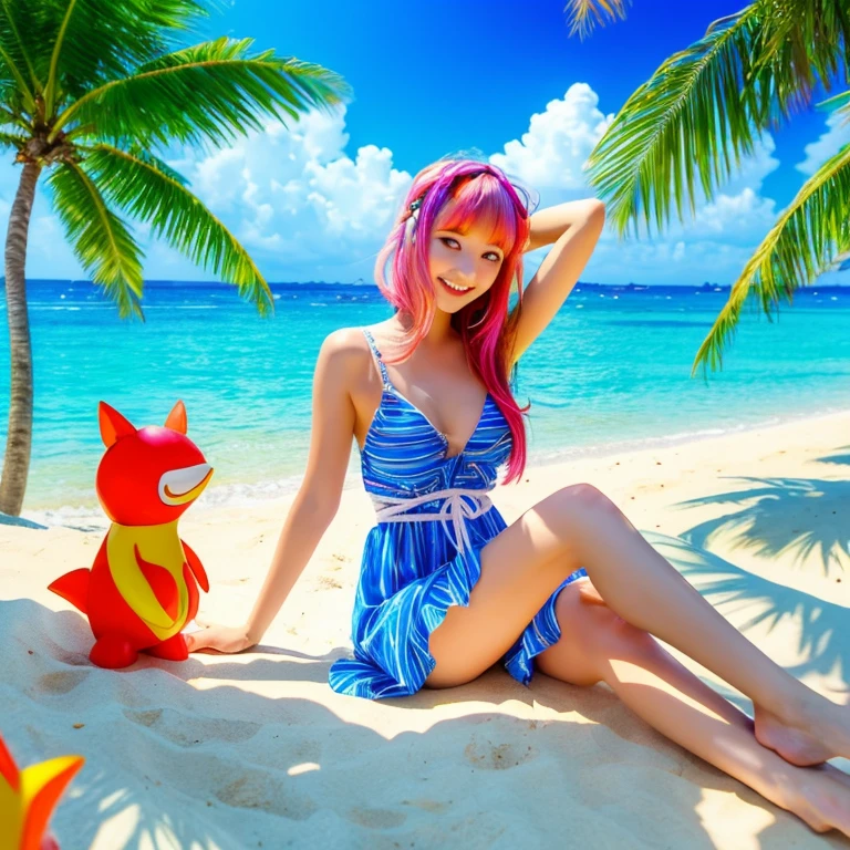 （cartoon：Harem life in a labyrinth of another world）（cartoon：Harem life in a labyrinth of another world）(Optimal lighting, The best shadow, masterpiece, high quality), rich and colorful, Lively, summer feeling, Many bright colors, Beautiful woman in light summer clothes, Loose hair, Sitting in the clear sea water、White sand beach, Bright blue sky.