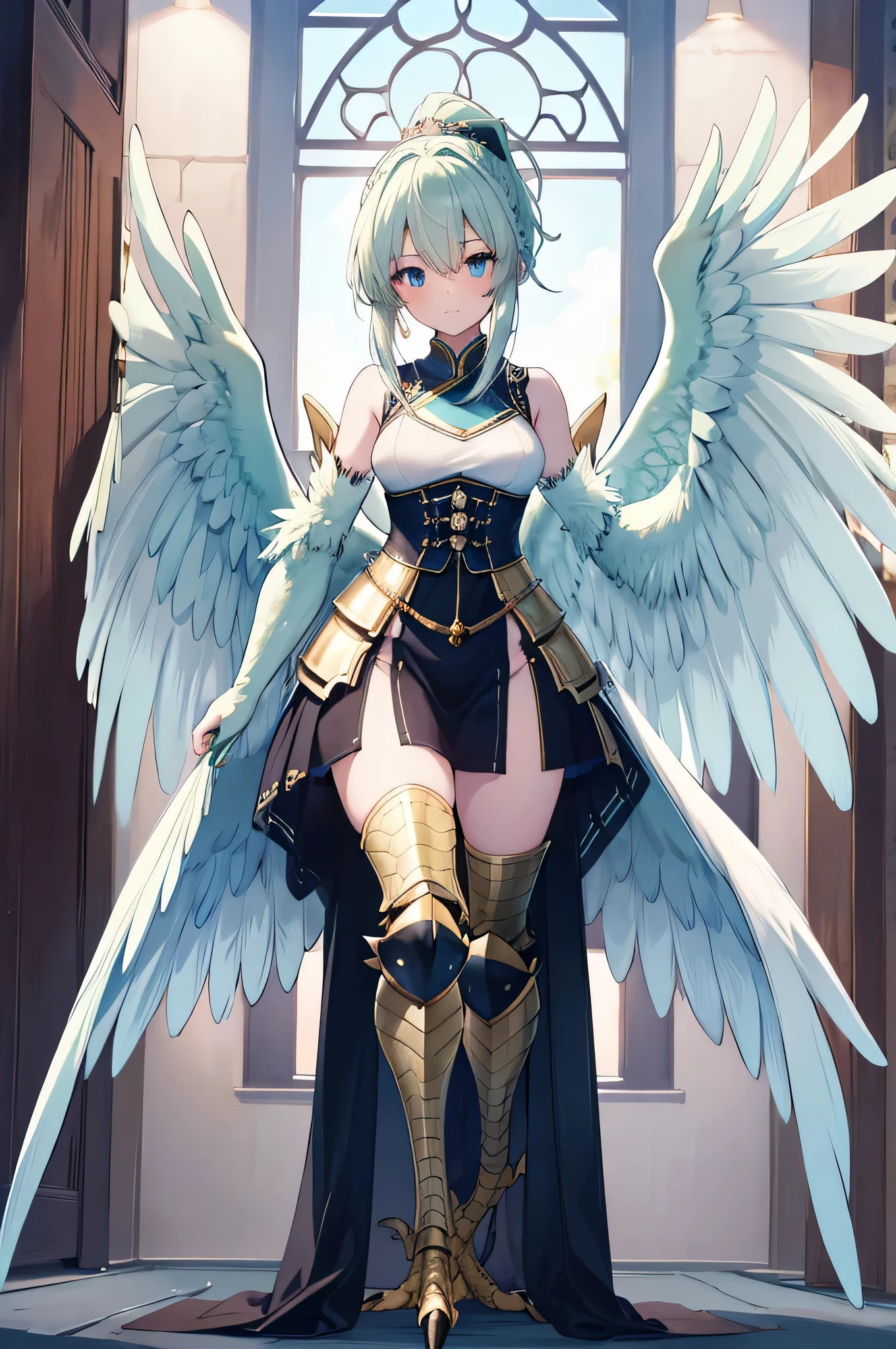 4k,High resolution,One Woman,harpy,White green hair,Short Ponytail,Braid,Blue Eyes,White Wings,Golden toenails,knight,White knight armor,Heavy Armor,Full Armor,Sleeveless,knight helmet,Jewelry decoration,Short Sword,Medieval castle