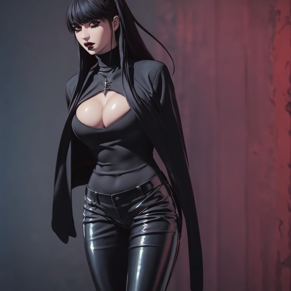 Manhwa goth girl, manhwa aesthetic, Looking at the audience, Light brown eyes:1.4, goth girl, Brunette long Bob Hair with highly detailed shiny hair, bright red clothes:1.4, Lepangas:1.4), illuminated skin (realistic texture), realistic shading, bright red eyes、{Huge|big chest|Huge|Mega} whole :2, Chest cleavage:2、(((Add highlights to the eyes:1.4、charming look 、Short Bob Hair、Glowing Skin:1.4、Looking at the audience、She is very beautiful and cute、Beautiful long neck, (cotton) black gothic shirt, latex tight pants, (converse) black sneakers, Ideal body type, (painted gothic Background:2、gothic garden background:2))、Beautiful long neck:1.4、(({Huge|big|Huge|Mega} chest, Chest cleavage:2、perfect Bodyは服を着ていない:1.6)),Perfect Anatomy, blade to side, strike pose, blade down, blade right hand, blurred background (masterpiece), best quality, high quality, highres, ultra-detailed), different poses at different angles.