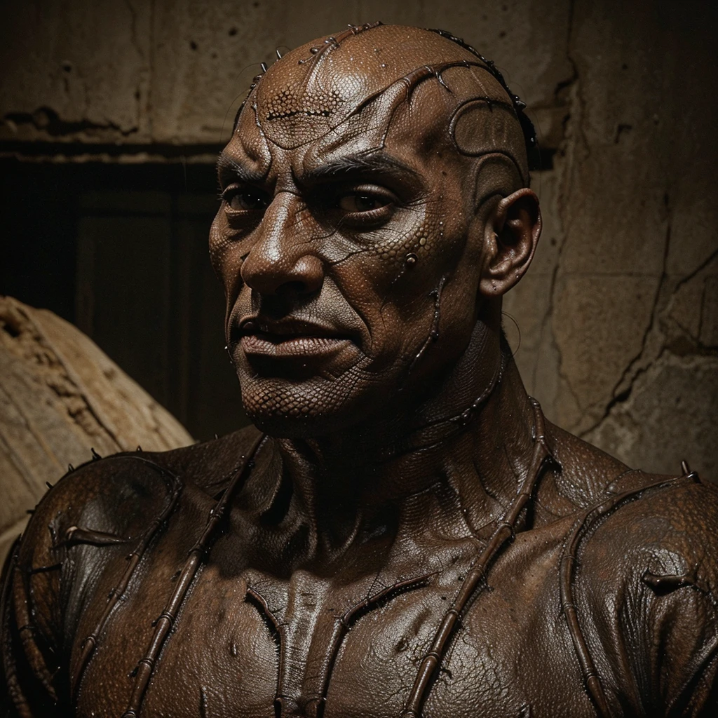 I want a cinematographic art with a mysterious man with slightly deformed scaly skin on the back of his head, he has a type of parasite that looks more like a spider but is not a spider and has 4 legs on each side covering his face like the monster from the movie Jeepers creepers 2 2003
