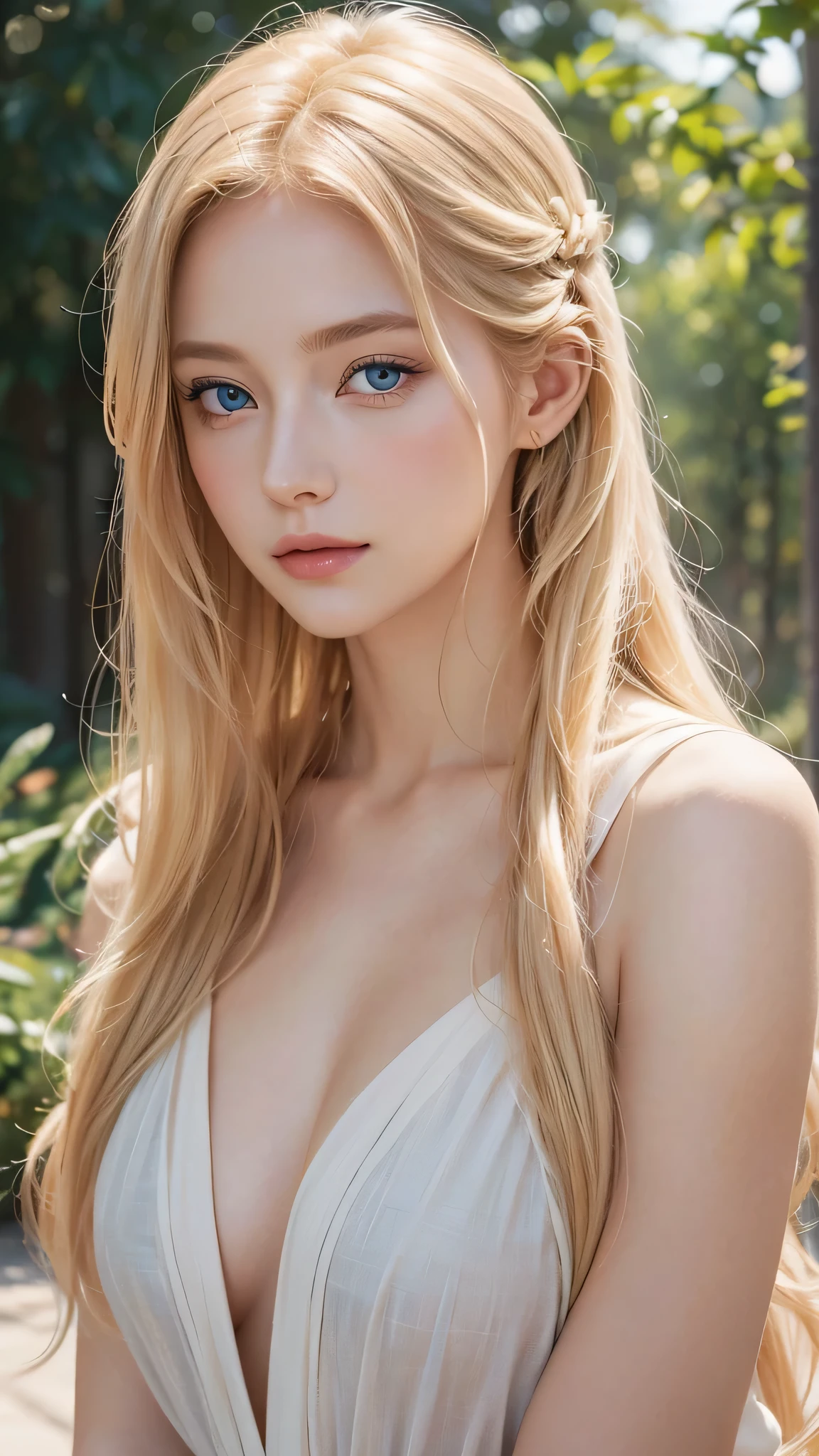 beautiful blonde woman, flowing golden hair, captivating blue eyes, delicate features,natural makeup, elegant attire, subtle blush, warm skin tones, ethereal lighting, soft shadows, high-resolution digital painting, realistic style, artistic interpretation
