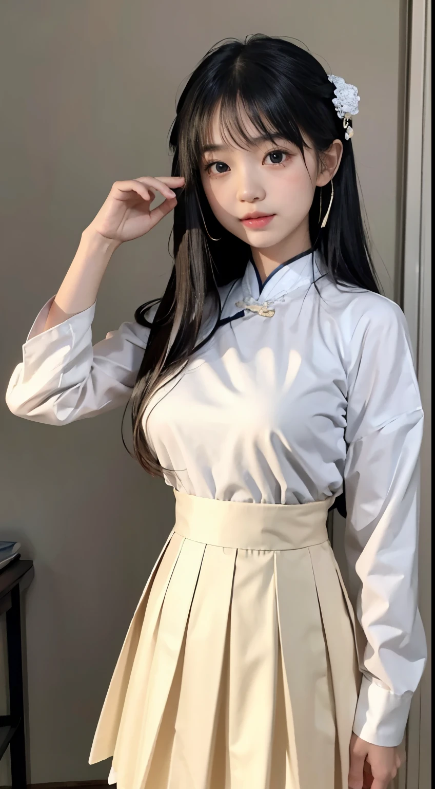 Master quality, highest quality, best picture quality, exaggerated details, a princess cute 8 year old asian with a shy expression, slightly squinted eyes, adjusting her hair, long eyelashes (long hair / very, very exaggerated big breasts, big / in hanfu pentticoat thin qipao dress, short skirt), posing in front of the camera, wet throught breast Petticoat