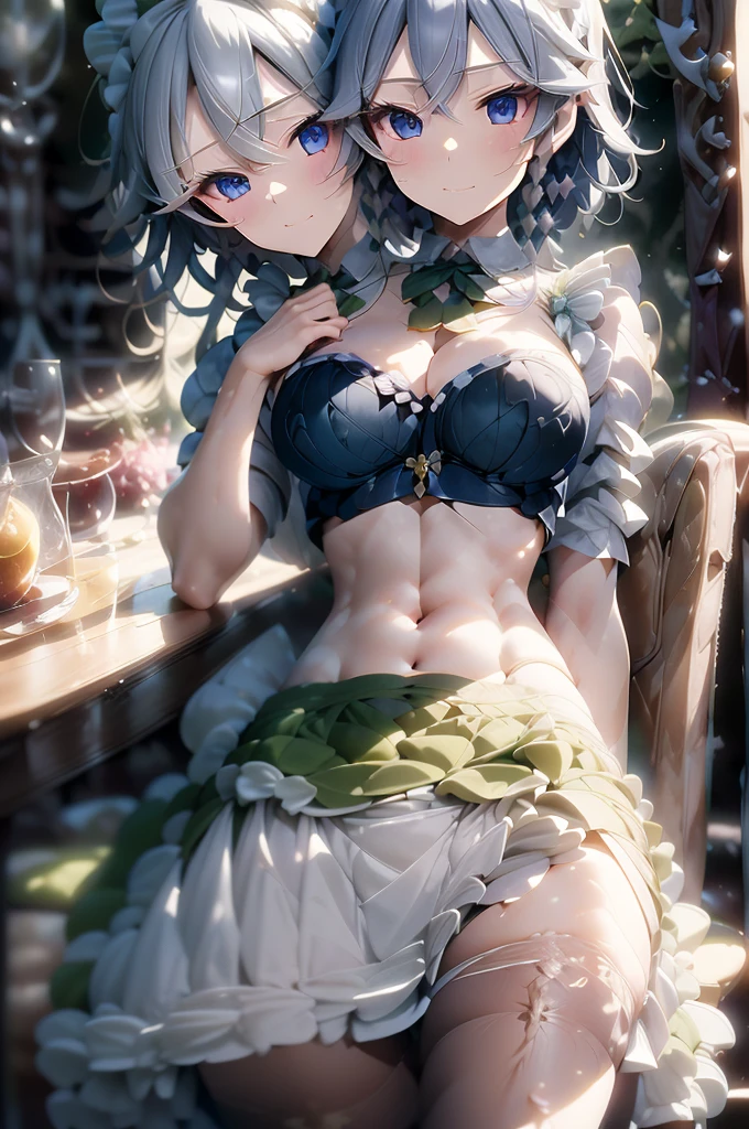 (masterpiece, best quality), best quality, best resolution, (ultra-detailed), (3heads:1.5), 1girl, (izayoi sakuya:1.3), masterpiece, (best quality:1.5, highres, UHD), highres, absurdo, ultra detail, ultra quality, Ultra resolution, dark blue top, crop top, ((stomach)), midriff, ((groin)), dark blue skirt, normal ears, shackles, grey hair, very long hair, wavy hair, sidelocks, blue eyes, parted lips, single horn, sweat, cute, toned belly, hand on own chest, eyelashes, (24 year old woman:1.3), (masterpiece:1.5), (best quality:1.5), (beautiful detailed), extremely detailed CG, extremely delicate and beautiful, depth of field, (finely detailed face), (perfect details:1.2), (mature female:1.3), wide pelvis, slender, large veiny breast, 16k resolution, high quality, high definition, extremely detailed, masterpiece, best quality, grey hair, long hair, alluring presence, braid, short skirt, close up, big , young, hair ribbon, maid headdress, side braid,