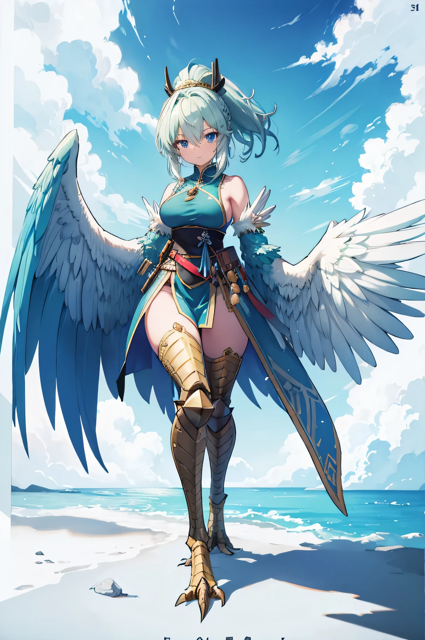 4k,High resolution,One Woman,harpy,White green hair,Short Ponytail,Braid,Blue Eyes,White Wings,Golden toenails,Big Breasts,knight,White knight armor,Heavy Armor,Full Armor,Sleeveless,knight helmet,Jewelry decoration,Short Sword,Medieval castle