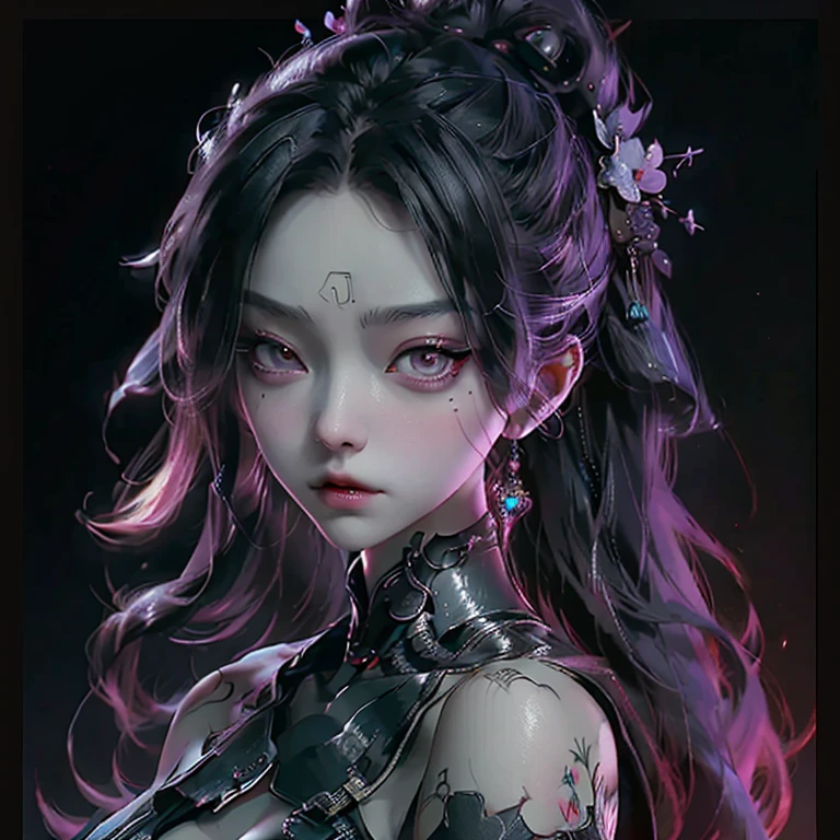 a close up of a person with makeup on, artwork in the style of guweiz, trending on tiktok, darkness's background, holy cyborg necromancer girl, classic kabuki, creepy themed, panda, ui card, violent zombie dance, porcelain cyborg, no ui, half android, youtube thumbnail, insane quality, wlop! muted colors