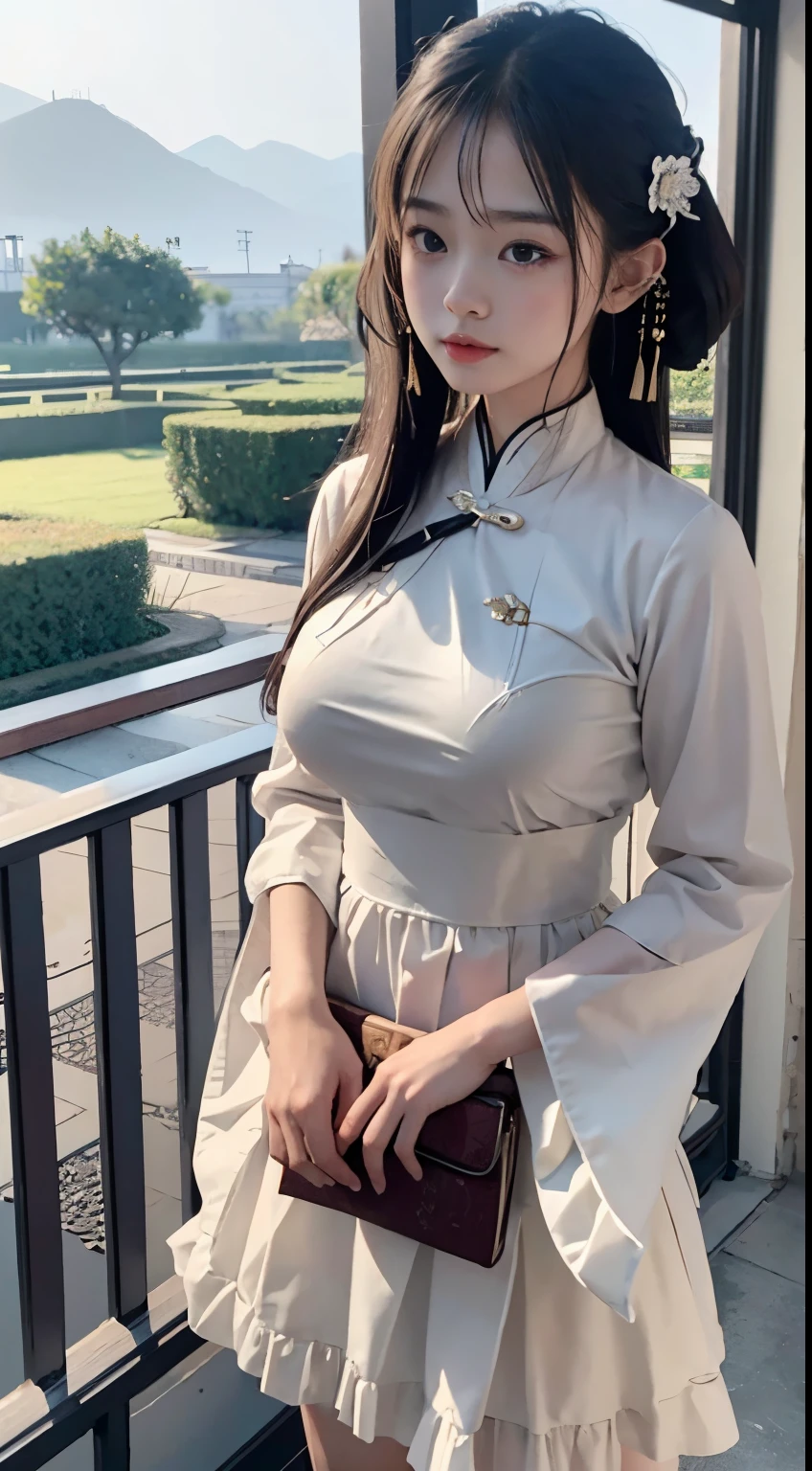 Master quality, highest quality, best picture quality, exaggerated details, a princess cute 8 year old asian with a shy expression, slightly squinted eyes, adjusting her hair, long eyelashes (long hair / very, very exaggerated big breasts, big / in hanfu pentticoat thin qipao dress, short skirt), posing in front of the camera, wet throught breast Petticoat