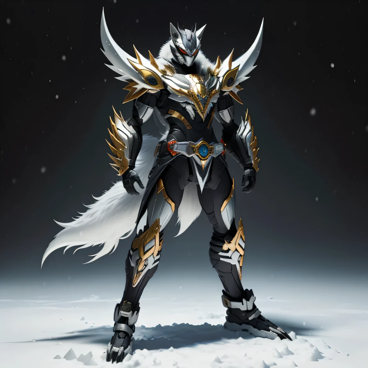 best quality)), ((masterpiece)), (detailed), perfect face, Snow White, Wolf Kamen Rider, Snowy background, Single person, Sleek Wolf Armor, Full Body, Wolf Base, Kamen Rider, 1 male, Zinogre