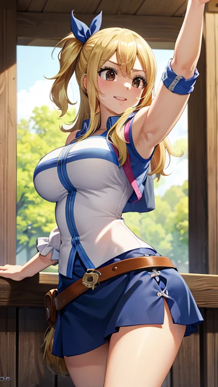 CG, unidad, 8k, fondo de pantalla, of the highest quality, Obra maestra, 1 chica, Lucy Heartfilia, rubio, sonrisa, dynamic pose, (media: 1.5), muslos, sexy, mejor iluminacion, alumnos complejos, textil complejo, textura de piel realista, antecedentes detallados, (In a western-style fantasy city), low angle, vista desde abajo