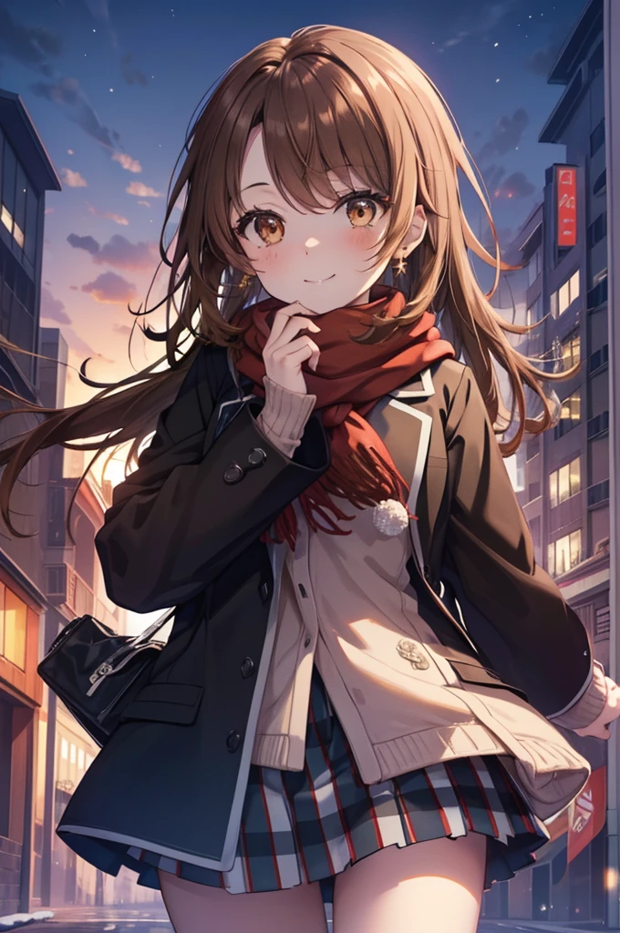 irohaisshiki, Isshiki Iroha, Long Hair, Brown Hair, (Brown eyes:1.5), smile,blush,Yellow long coat,sweater,Red scarf,Ankle-length black long skirt,black tights,short boots,winter,that&#39;that&#39;it&#39;s snowing,
break outdoors, city,Building Street,
break looking at viewer,
break (masterpiece:1.2), highest quality, High resolution, unity 8k wallpaper, (shape:0.8), (Beautiful and detailed:1.6), Highly detailed face, Perfect lighting, Highly detailed CG, (Perfect hands, Perfect Anatomy),