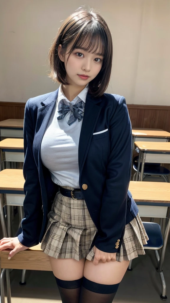 muste piece, best quality, illustration, Super detailed, fine details, High resolution, 8K,wall paper, perfect dynamic composition,(Details High quality, realistic depiction of eyes:1.3), from side, High School Classroom、High school girl uniform、blazer 、Super Short Check Uniform Skirt、Navy blue high socks、garterbelts、Colossal tits、Disturbed uniform, short bob hair, black hair color, large breasts, Big Natural Color Lip, bold sexy pose, (perfect body shape), crying a little、cold gaze, Harajuku style、20 year old girl、cute type, beautiful legs, hposing Gravure Idol, Voluptuous thighs