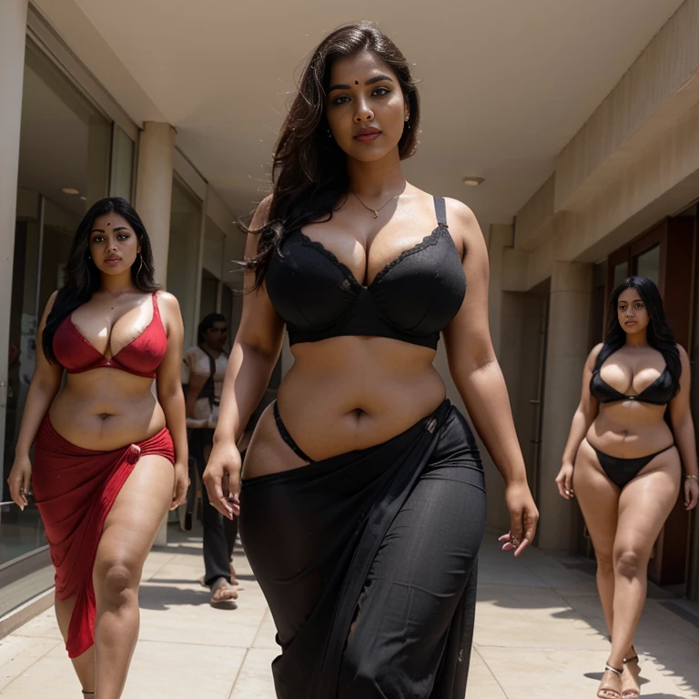 Indian women,30 year old,pretty face, bright red lipstick on lips,big and voluptuous breasts, gigantic and enormous butt, thickest thigh,huge knockers,widest hips, lowest waist,slim tummy,huge bust,wearing Black Saree, breast spilling out of bra,walking at public area  