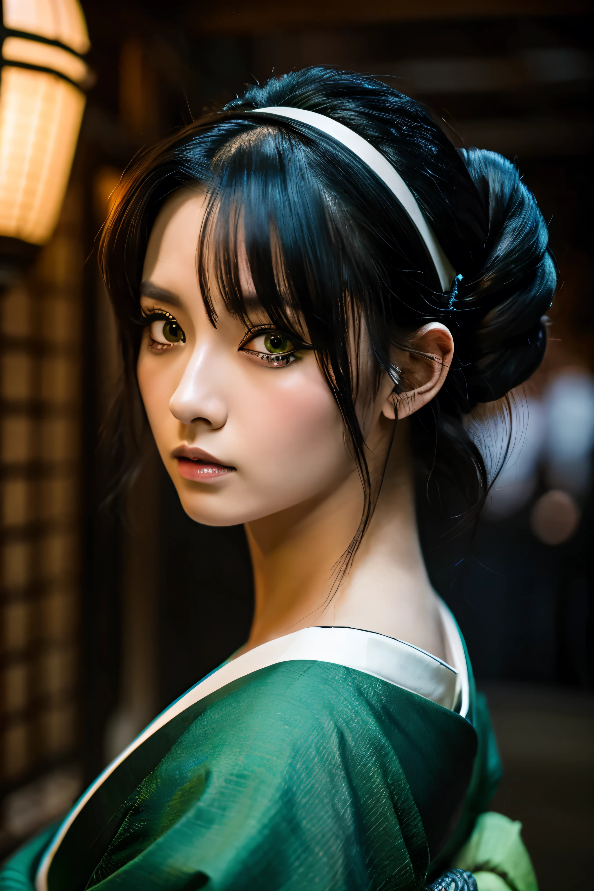 8k, highest quality, masterpiece:1.2),(highest quality:1.0),Oiwa from Yotsuya Kaidan、Black Hair、Green Eyes、Scary look、tattoo、Alleys of the Edo period、Night view、Urameshiya、alone、Black kimono、Japanese hairstyle、Rembrandt style、Huge Ass