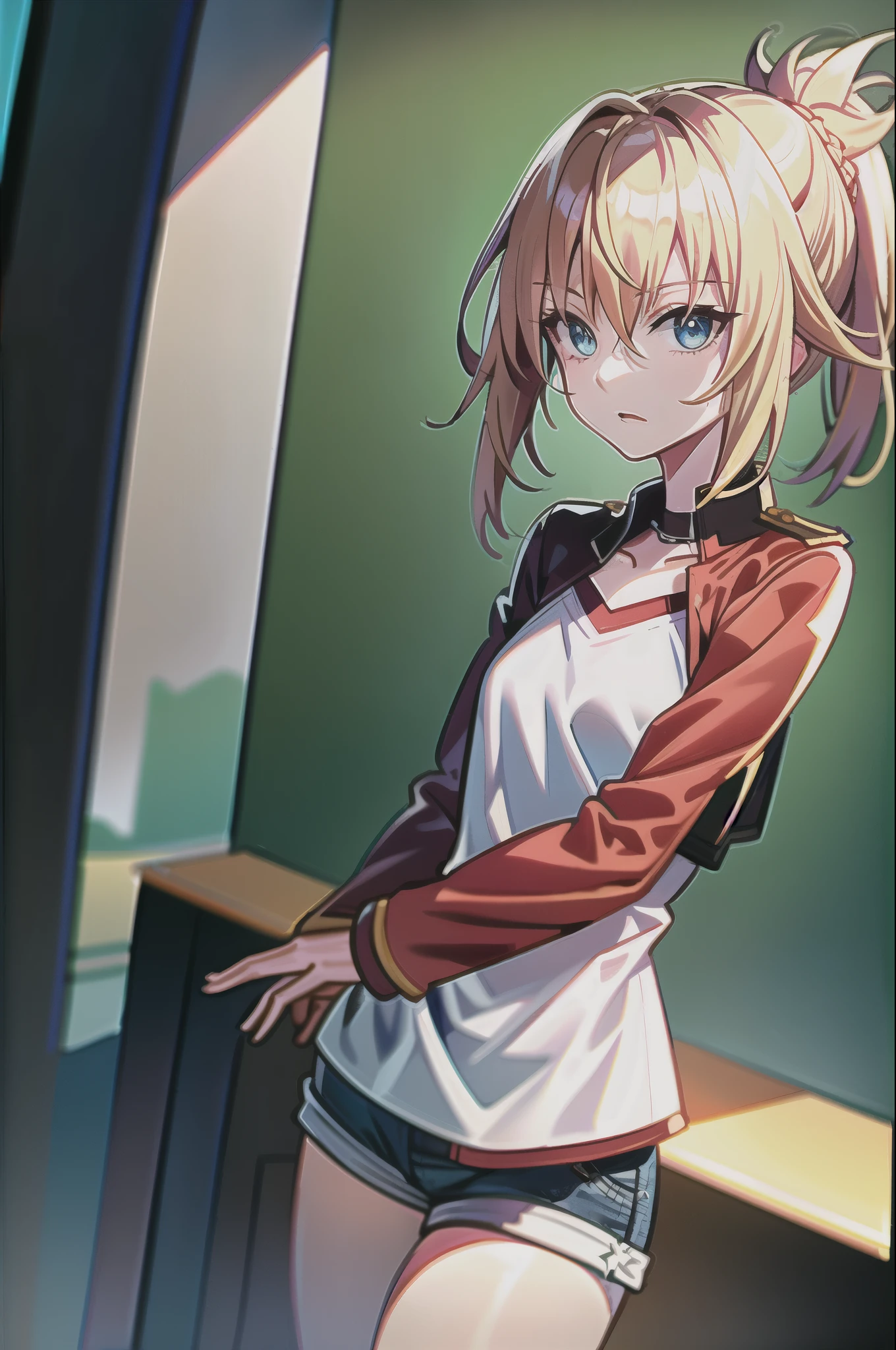 Masterpiece, Best Quality, illustration, city street, 1girl, Mordred \(fate\), cowboy shot, skinny, collarbone, Detailed blond hair ponytail braid, green eyes, Red leather jacket, White short blouse, denim shorts