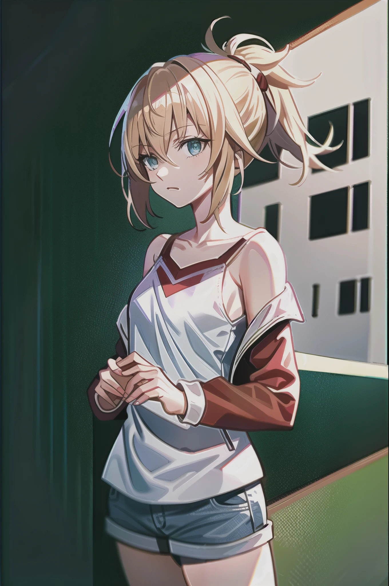 Masterpiece, Best Quality, illustration, city street, 1girl, Mordred \(fate\), cowboy shot, skinny, collarbone, Detailed blond hair ponytail braid, green eyes, Red leather jacket, White short blouse, denim shorts