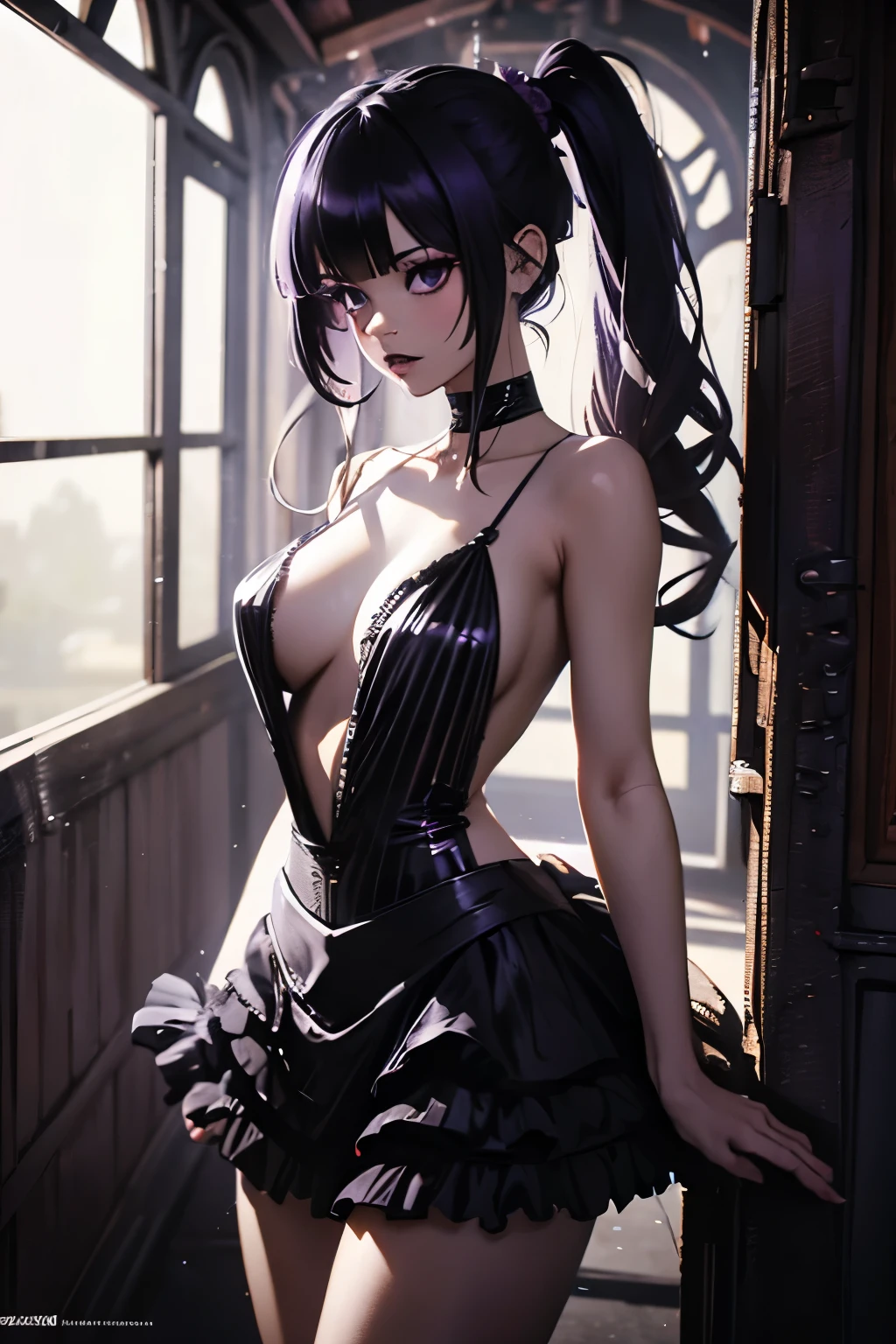 Beautiful Alluring Gothic Clown jenna ortega, Fantasy Theme, Bare Skin, Outside Of A Haunted Train Ride, Purple And Black Stripes, Gothic Clown Makeup, Frilly Outfit, pigtails hairstyle, Barely Clothed, Beautiful D&D Character Portrait, Ominous, Dark Fantasy, Detailed, Digital Art, Extreme Detail, Polished, Beautiful, Hyperdetailed, Intricate, Elaborate, Meticulous, Anime Character, Detailed, Anime Face, Sharp Focus, Unreal Engine, 3d Rendered, Volumetric Lighting, Reflections, Glossy, Digital Illustration, Pose, Suggestive Pose, Full Body Shot, 💖❤💕💋❣