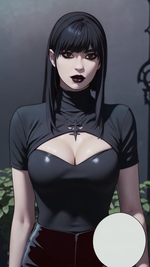 Manhwa goth girl, manhwa aesthetic, Looking at the audience, Light brown eyes:1.4, goth girl, Brunette long Bob Hair with highly detailed shiny hair, bright red clothes:1.4, Lepangas:1.4), illuminated skin (realistic texture), realistic shading, bright red eyes、{Huge|big chest|Huge|Mega} whole :2, Chest cleavage:2、(((Add highlights to the eyes:1.4、charming look 、Short Bob Hair、Glowing Skin:1.4、Looking at the audience、She is very beautiful and cute、Beautiful long neck, (cotton) black gothic shirt, latex tight pants, (converse) black sneakers, Ideal body type, (painted gothic Background:2、gothic garden background:2))、Beautiful long neck:1.4、(({Huge|big|Huge|Mega} chest, Chest cleavage:2、perfect Bodyは服を着ていない:1.6)),Perfect Anatomy, blade to side, strike pose, blade down, blade right hand, blurred background (masterpiece), best quality, high quality, highres, ultra-detailed), different poses at different angles.