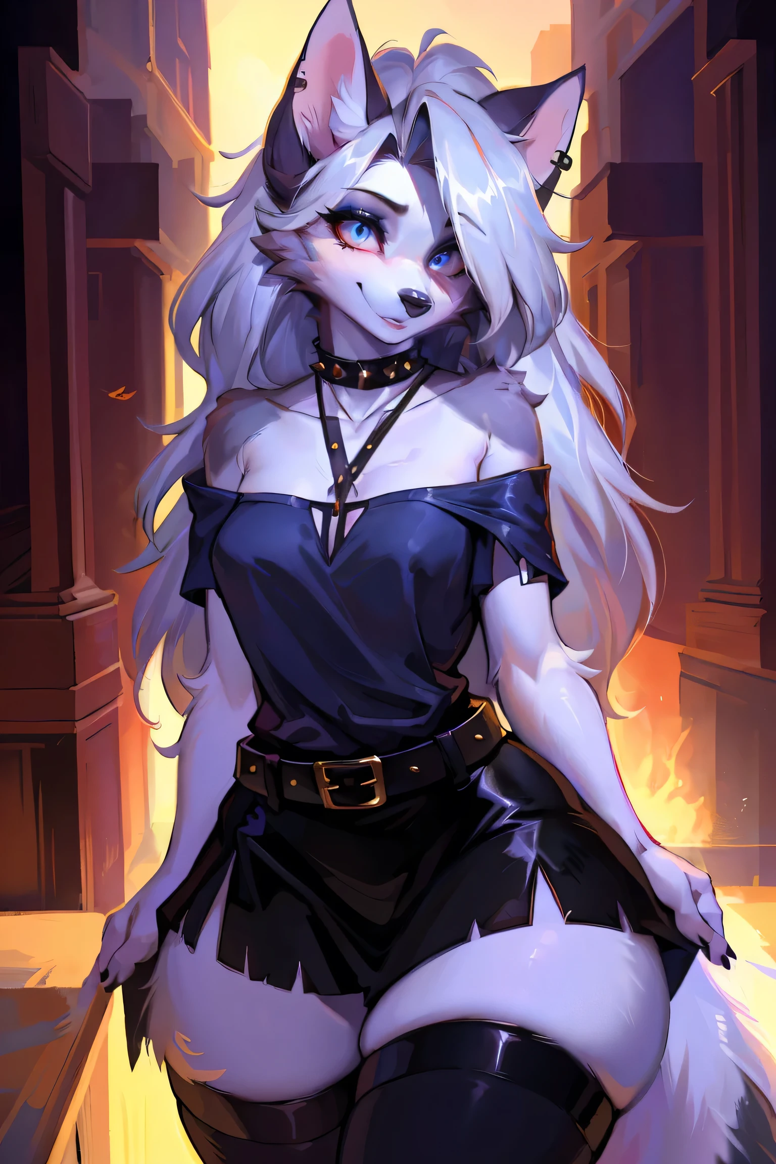 cute,furry_girl,wolf_girl,detailed_eyes,silver_hair,cute_ears,wolf_ears,black robe,leggings,fluffy_furs,earrings,upper body,stocking with garterbelt,neck garter,(perfect detailed eyes:1.5),smiling,(front:1.5),(furry:1.5),long lashes,flowy chiffon,well-proportioned figure,(thick thighs:1.1),perfectly high-detail facial features,(perfect detailed eyes:1.5),silky long hair,masterpiece, best quality, Ultra-high quality, Ridiculous details,(best quality,4k,8k,highres,masterpiece:1.2),ultra-detailed