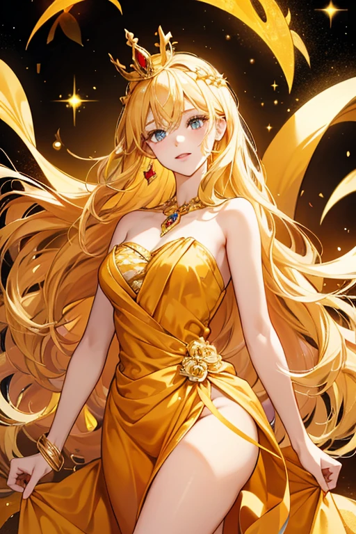 Daphne has long blonde hair and amber eyes. As a nymph, Daphne wears a flowing, golden yellow dress with a few ribbons. She has an orange masquerade-style mask and a golden crown with a red jewel on top. SPARKLE; GLITTER