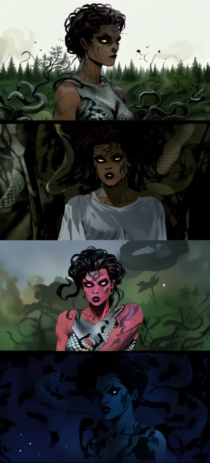 Medusa, colors, bleak muted deep fiery radiant glowing ROYGBIV, splash page decompressed comic cover art, ink style figure, ((expressive Joelle Jones and "Sean Gordon Murphy" comic drawing)), wordless, cinematic poster, double exposure, optical illusion, image within image, abyss void black no visibility darkness, full length portrait, (background, pine barrens, entropy, rewilding, magic hour sunset, galaxy stars, cosmos), (horror, abstract, surreal, body, cosmic), candid, snake skin dress, morphology anatomy drawn Frederic Delavier musculature anatomical illustration, (face, ornate black-metal corpsepaint face paint, resembles Grace Jones), (body, Naga, snakefolk, lower body snake tail, snake woman hybrid, bald, hairless, skeleton, snake skin tattoos, piercing eyes, snake pupils, over the shoulder), (colors, bleak muted deep fiery radiant glowing ROYGBIV, forest green, earth brown), craftsmanship nuance, (Gerardo Zaffino charcoal), subliminal orchids, nyctophobia, silhouette