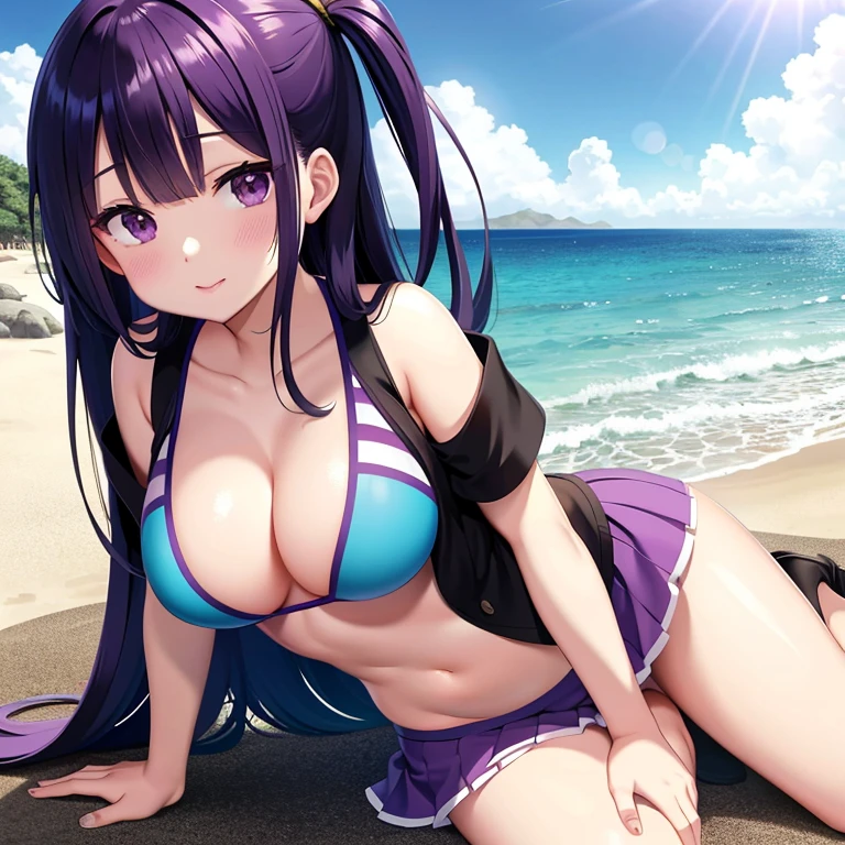 Rainbow,beach,Swimming in the sea,Fukuhara Ai Image,Troubled face,Purple long hair,Large Breasts,Wear a skirt