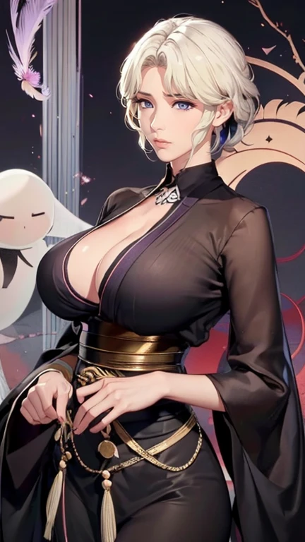 （（（完美number，number，Long sleeve, Japanese clothes, kimono, Feather, black kimono, likewise, black likewise,（（（Isana Kotetsu, short hair, Weaving, white hair, (Purple Eyes:1.1),  (（(Big Breasts，Cleavage))）hair Weaving, ））），（（（Wide hips））），S型number:1.7））），((masterpiece)),high resolution, ((Best quality at best))，masterpiece，quality，Best quality，（（（ Exquisite facial features，Looking at the audience,There is light in the eyes，blush，Happy））），（（（Interweaving of light and shadow，huge ））），（（（Looking at the camera，Fighting Stance，ghost road，glow，From below，look up）））