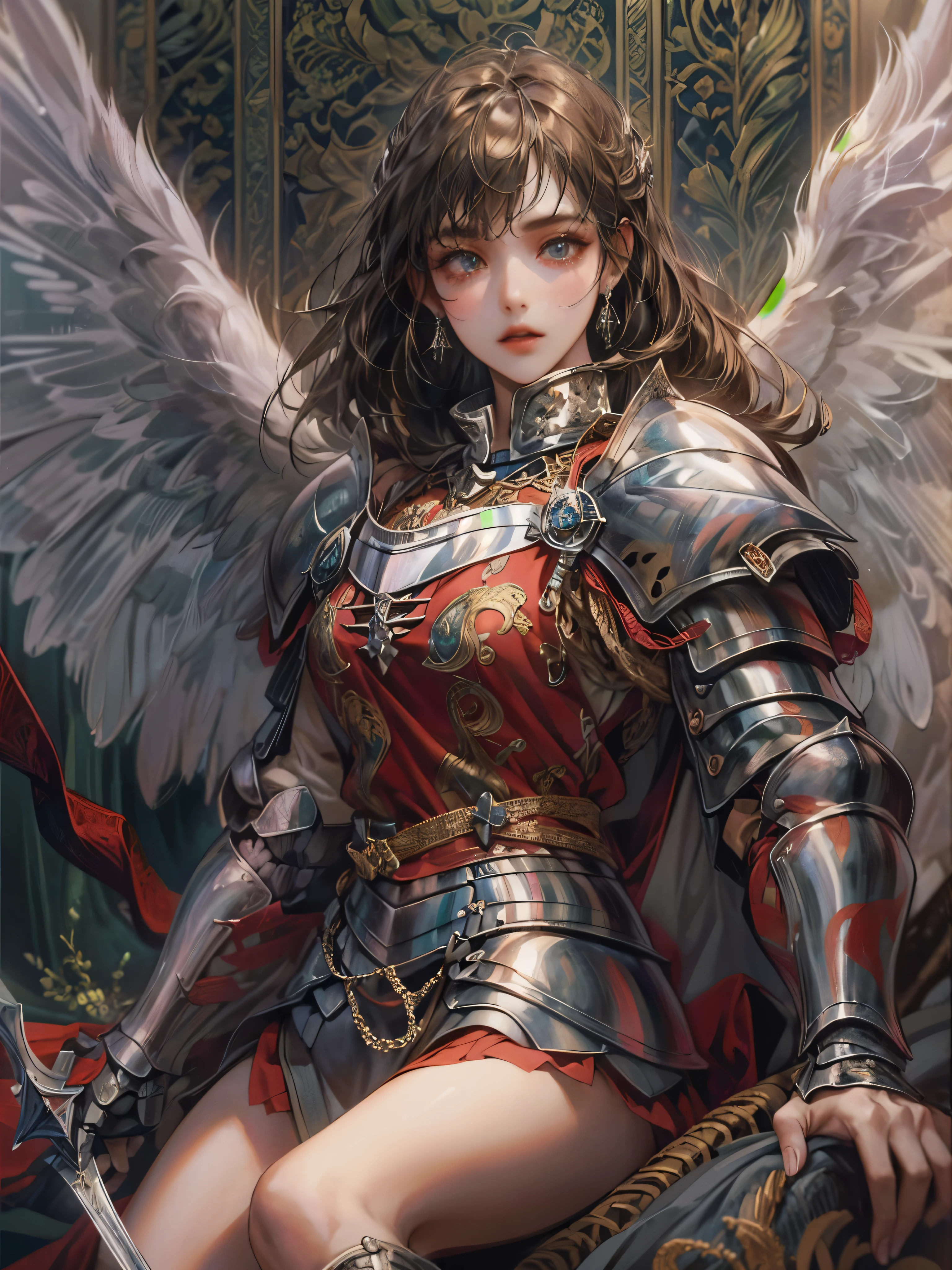 ((mais alta qualidade)),(ultra-high resolution),(Muito detalhado),(Detailed Description),((O melhor CG)),(Uma obra-prima),Ultra-precise art,amazing drawing art,(Arte de fantasia com detalhes intrincados:1.5), (Cavaleiro feminino:1.5),(armadura intrincadamente detalhada:1.3), Lugar Negro:1.2,Peito vermelho:1.4, desejo explosivo, Anjo feminino subindo