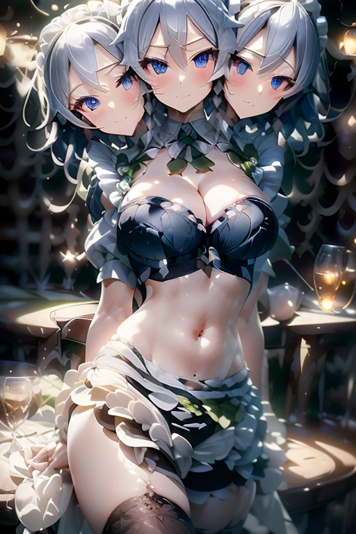 (masterpiece, best quality), best quality, best resolution, (ultra-detailed), (3heads:1.5), 1girl, (izayoi sakuya:1.3), masterpiece, (best quality:1.5, highres, UHD), highres, absurdo, ultra detail, ultra quality, Ultra resolution, dark blue top, crop top, ((stomach)), midriff, ((groin)), dark blue skirt, normal ears, shackles, grey hair, very long hair, wavy hair, sidelocks, blue eyes, parted lips, single horn, sweat, cute, toned belly, hand on own chest, eyelashes, (24 year old woman:1.3), (masterpiece:1.5), (best quality:1.5), (beautiful detailed), extremely detailed CG, extremely delicate and beautiful, depth of field, (finely detailed face), (perfect details:1.2), (mature female:1.3), wide pelvis, slender, large veiny breast, 16k resolution, high quality, high definition, extremely detailed, masterpiece, best quality, grey hair, long hair, alluring presence, braid, short skirt, close up, big , young, hair ribbon, maid headdress, side braid,
