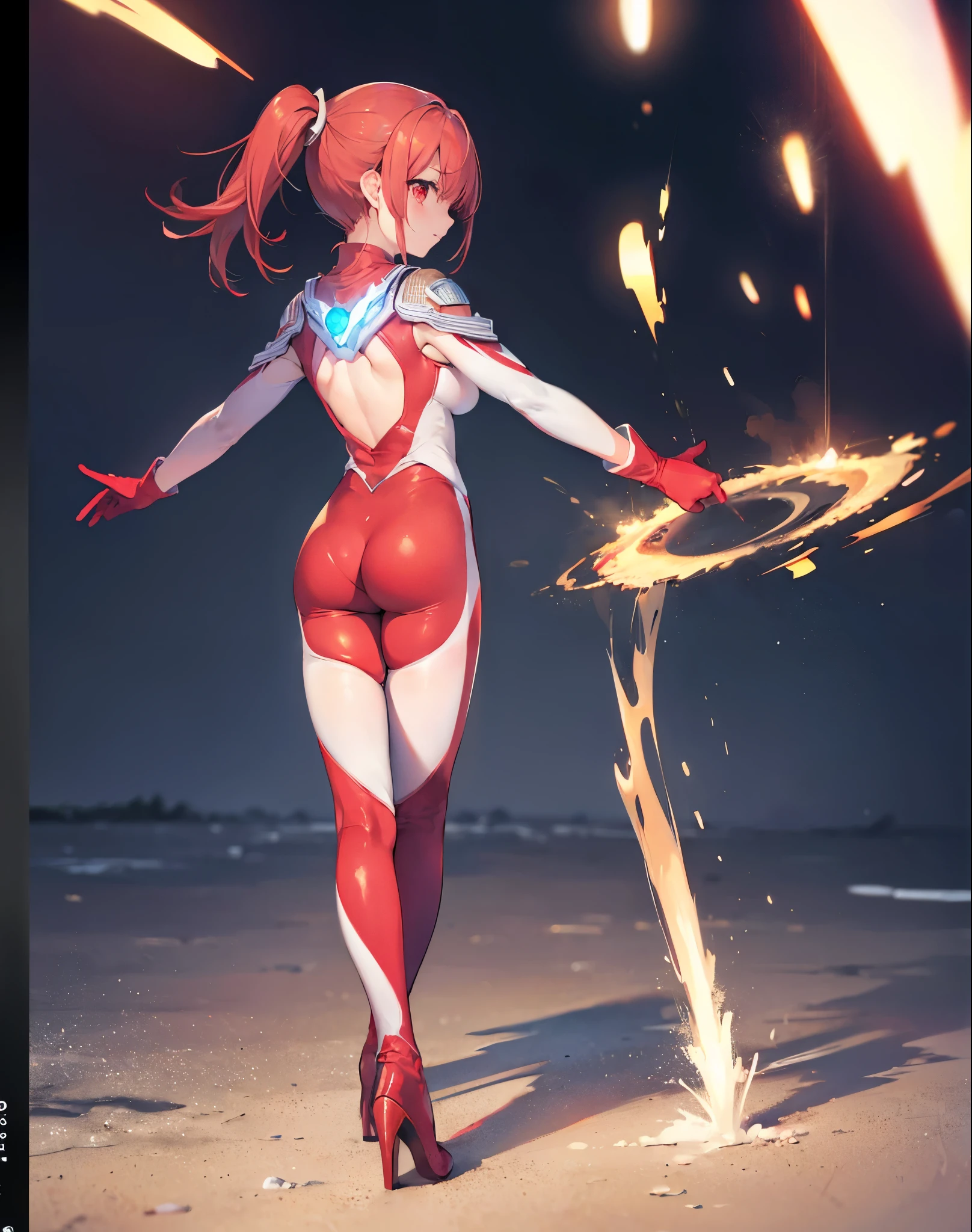 Realistic,highest quality, Ultra Detail, High-quality CG rendering, The most delicate and beautiful, Floating softly, High resolution, (1 girl), (Highest quality,4K,8K,masterpiece:1.2),(All red hair:1.5), (Short ponytail:1.5),(Red eyes:1.5), (Ultra Girl:1.0), (Red Ultraman bodysuit:1.4),(Slightly larger breasts:1.5),(Clenched Fist:1.2),(Turn your back to your audience:1.3),Ass(Red gloves:1.3),(Red Shoes:1.3) ,(whole body:1.3)