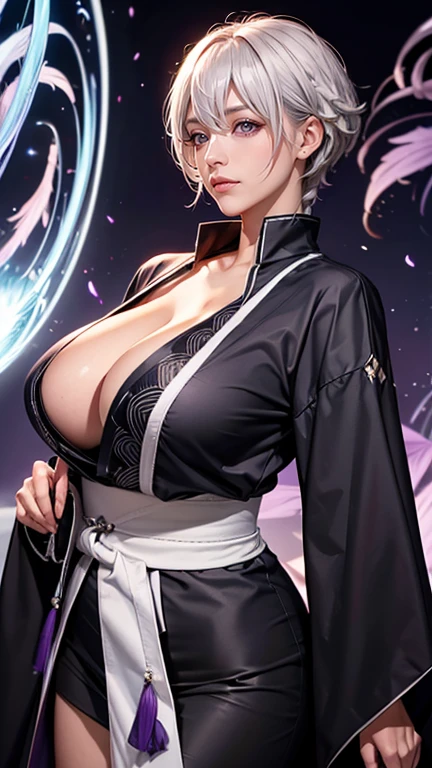 （（（完美number，number，Long sleeve, Japanese clothes, kimono, Feather, black kimono, likewise, black likewise,（（（Isana Kotetsu, short hair, Weaving, white hair, (Purple Eyes:1.1),  (（(Big Breasts，Cleavage))）hair Weaving, ））），（（（Wide hips））），S型number:1.7））），((masterpiece)),high resolution, ((Best quality at best))，masterpiece，quality，Best quality，（（（ Exquisite facial features，Looking at the audience,There is light in the eyes，blush，Happy））），（（（Interweaving of light and shadow，huge ））），（（（Looking at the camera，Fighting Stance，ghost road，glow，From below，look up）））