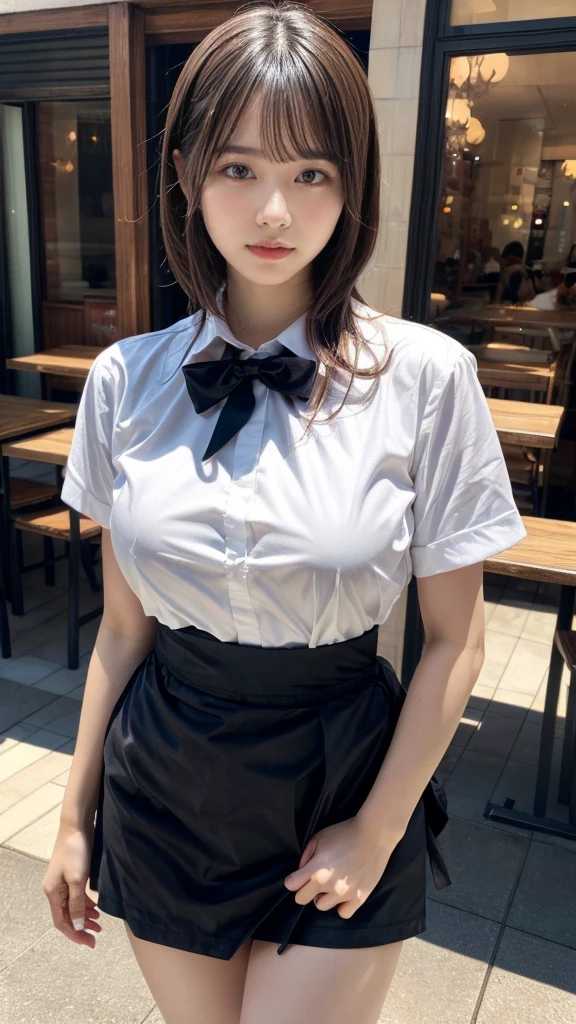 muste piece, best quality, illustration, Super detailed, fine details, High resolution, 8K,wall paper, perfect dynamic composition,(Details High quality, realistic depiction of eyes:1.3), waitress uniform, restaurant, huge breasts, short bob hair、black hair color, Big Natural Color Lip, (perfect body shape), crying a little、cold gaze, Harajuku style、20 year old girl、cute type、lolita、beautiful legs, focus on crotch, full body photo, gravure idol