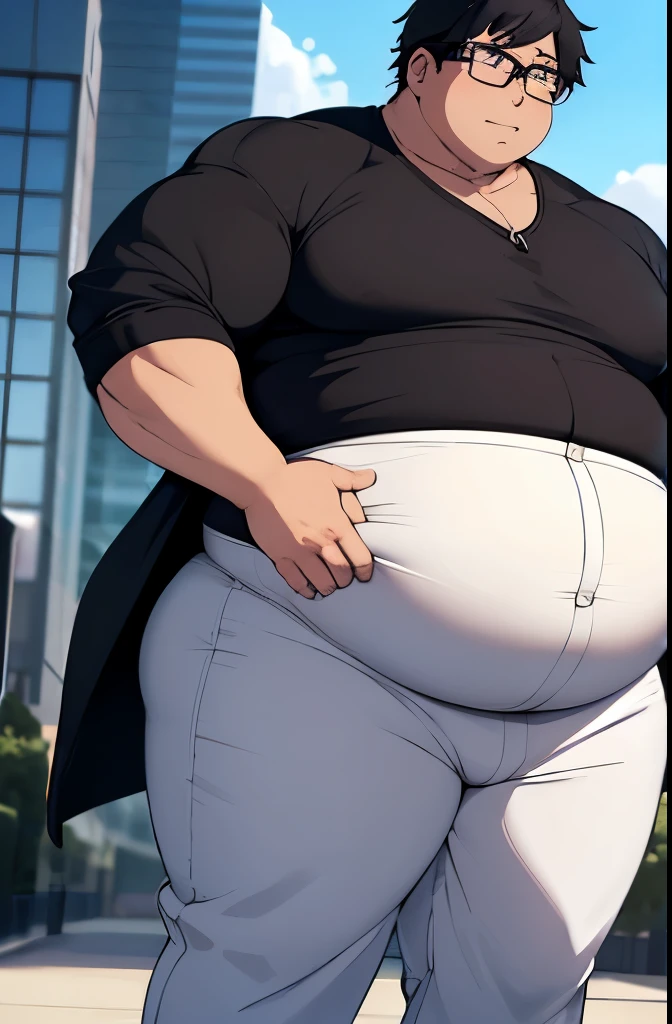 extremely fat anime boy, black shirt, white pants, belt, very big belly, 300 pounds heavy, obese, massive stomach, wearing glasses