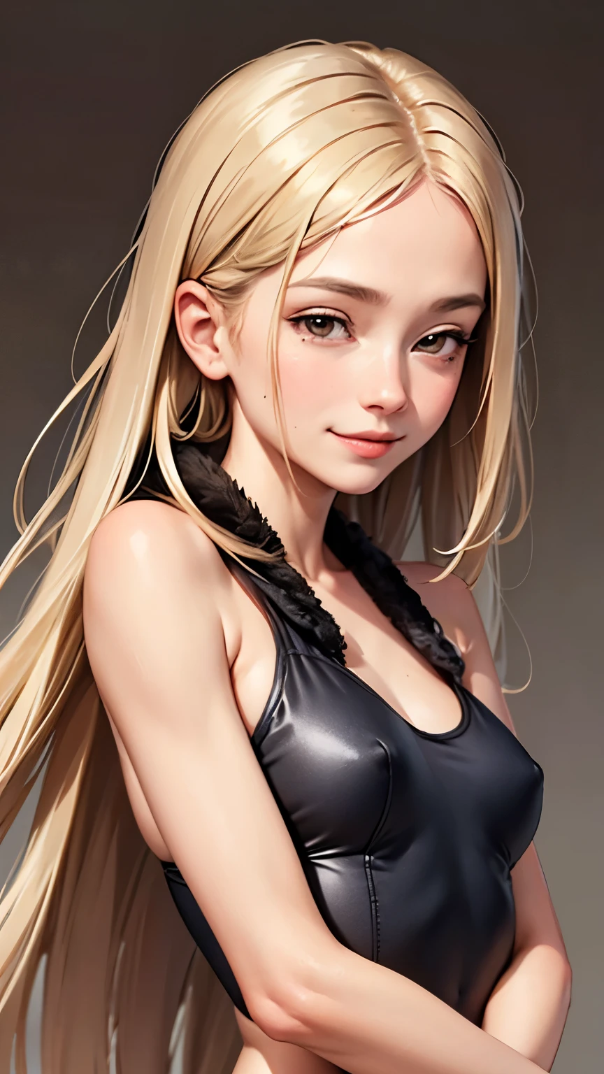 masterpiece, highest quality,Face-to-face audience, Upper body,Middle-aged women,Greek Goddess Attitude, Melon seed face, ((Long, narrow eyes)), Mole under the eye,Brown eyeball, Thin lips, Anorexia,blonde, Very long hair, Laugh with your mouth closed,40 year old mature woman, self-portrait, Simple Background,Thin legs,Close your eyes and smile,Swimwear,The happi coat is open