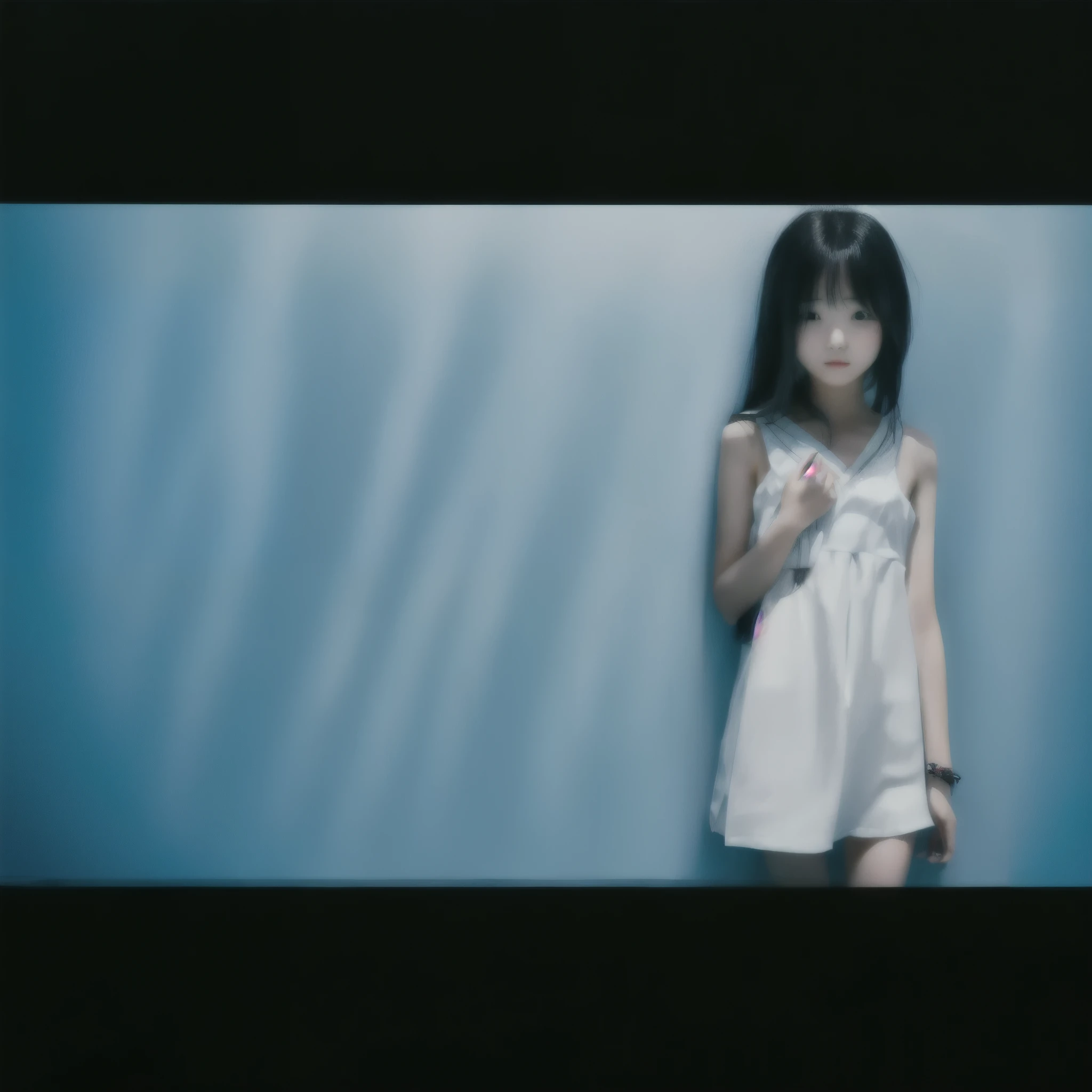 There is a young girl standing against a wall with a mobile phone,　The walls have ripples reflected from the pool water.。Light effects。She is wearing a white slip、Japanese black hair、14-year-old female。Summer Light。Staring at me。Seductive gaze。