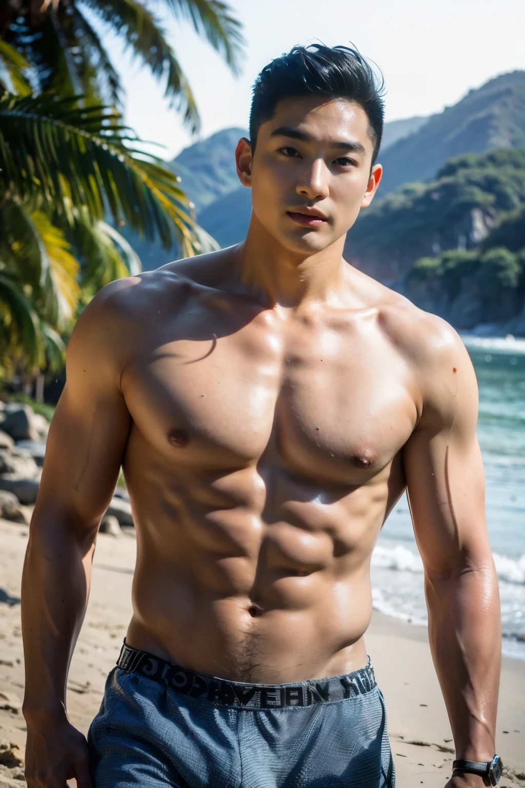 Realistic photography, 8k , handsome young muscular chinese man, wearing a black tank top , black thong underwear, huge bulge, beach