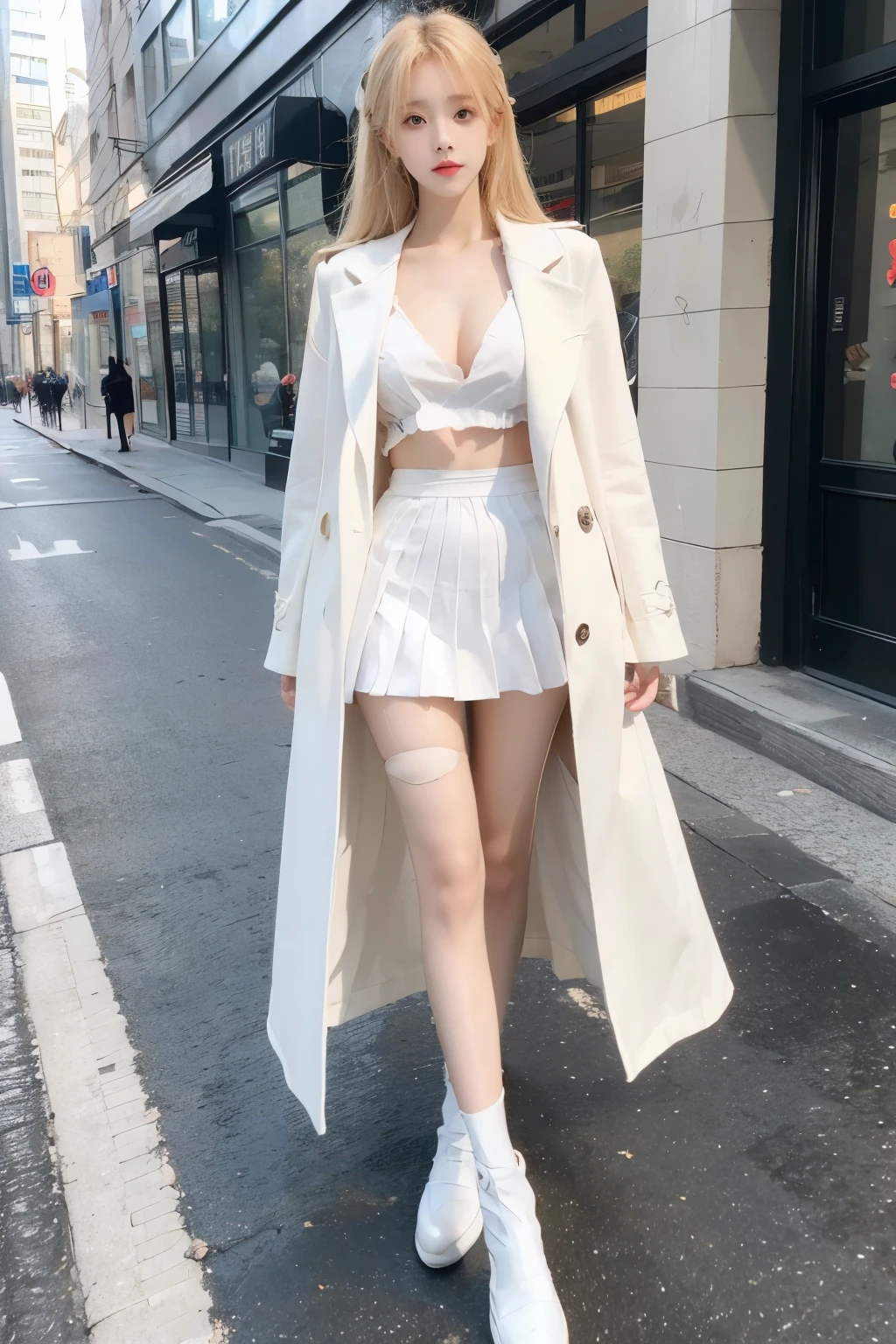 Beautiful woman with perfect body：1.4，Layered Hairstyle，Prominent cleavage，Highly detailed face and skin textures，Double eyelids，Skin Whitening，Long hair，Whitened long legs，blond，（White coat，Pleated Skirt，Black pantyhose）Stand on the street