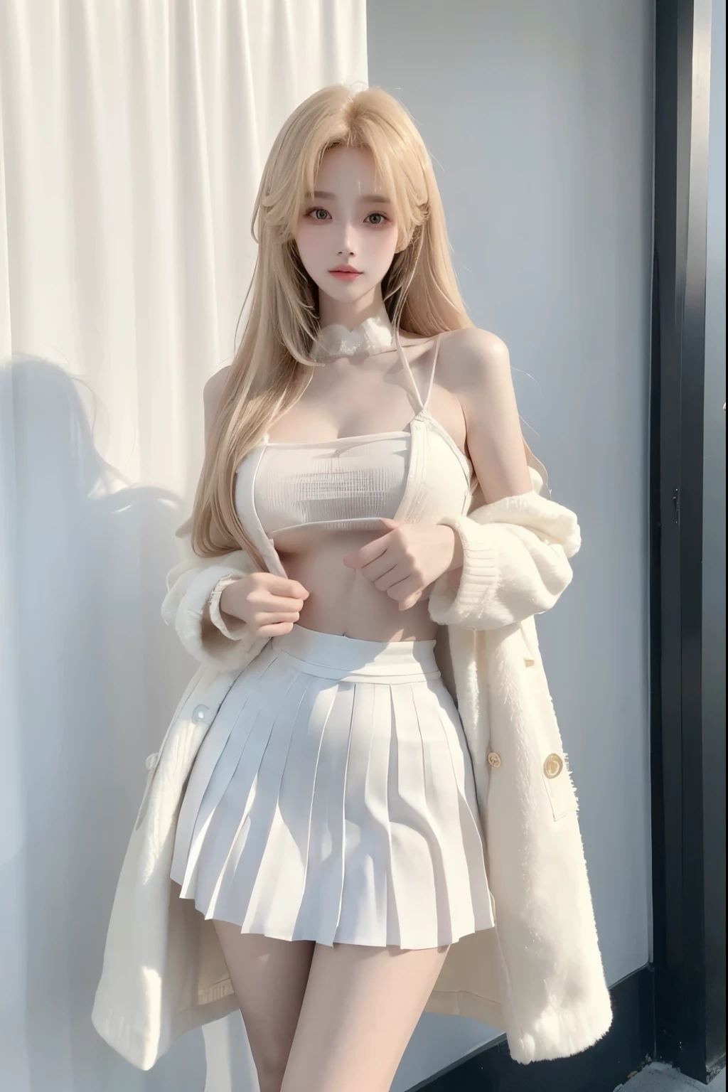 Beautiful woman with perfect body:1.4,Layered Hairstyle,Prominent cleavage,Highly detailed face and skin textures,Double eyelids,Skin Whitening,Long hair,Whitened long legs,blond,(Black coat,Pleated Skirt,Black pantyhose)Standing on the sports field