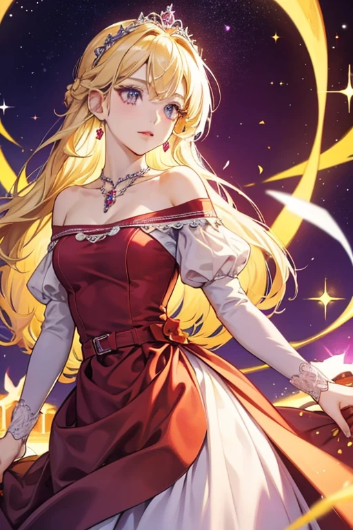 Diaspro has light blonde hair and amber eyes. She usually wears a maroon dress and a purple headband tiara with a red jewel on the side. SPARKLE; GLITTER