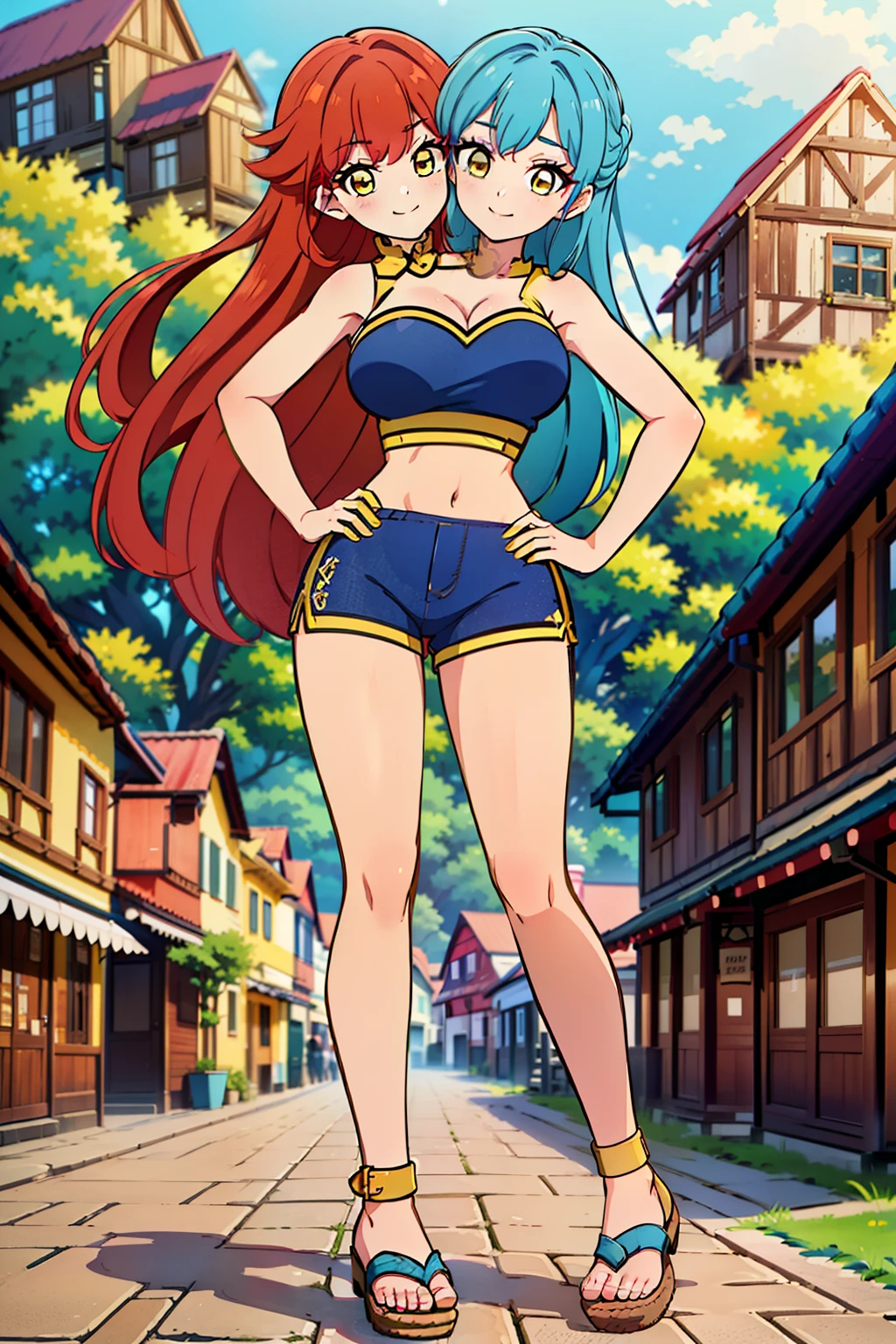best quality, (masterpiece),(ultra-detailed), (high quality), (high resolution), ((2heads:1.5)), best quality:1.5, highres, UHD, 16K), ((two headed woman)), smiling, highres, masterpiece, ((red hair)), ((blue hair)), ((different hair colors)), cleavage, ((gold yellow crop top:1.5)), lustrous and smooth skin, seductive silhouette, gold rpg fantasy dress, sexy proportions, Beautiful girl with accentuated slender abs, ((full body)), long legs, ((village background:1.5)), ((exposed midriff)) necklace, body con dress, strapless, sleeveless, yellow eyes, ((long hair)), sandals