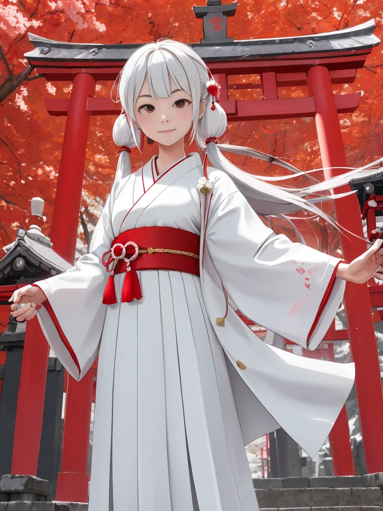 ((RAW Image Quality:1.4))、8k resolution、3D, masterpiece, highest quality, 1 girl, Upper Body, Shrine maiden, Historical references: Modern Japan、country: Tokyo、Hairstyle on: Straight long hair、clothing: Casual white outfit、Red too, shoes: geta、accessories: Japanese Torii Necklace、Angle from the front,Formal wear