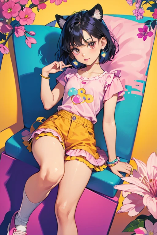 Dora has tan skin causing it to appear almost orange. She has thick short medium bob hair as well as medium brown eyes. The character is often shown wearing a fuchsia magenta pink t-shirt, tiger orange shorts, frilly buttermilk yellow socks, and white Velcro shoes with a fuchsia magenta pink trim along with other outfits. She wears a buttermilk yellow bracelet with a lapis blue flower on it that she wears on her right wrist and it happened to be a birthday present when she . Additionally, though rarely seen, Dora wears little gold yellow earrings on her ears. SPARKLE; GLITTER