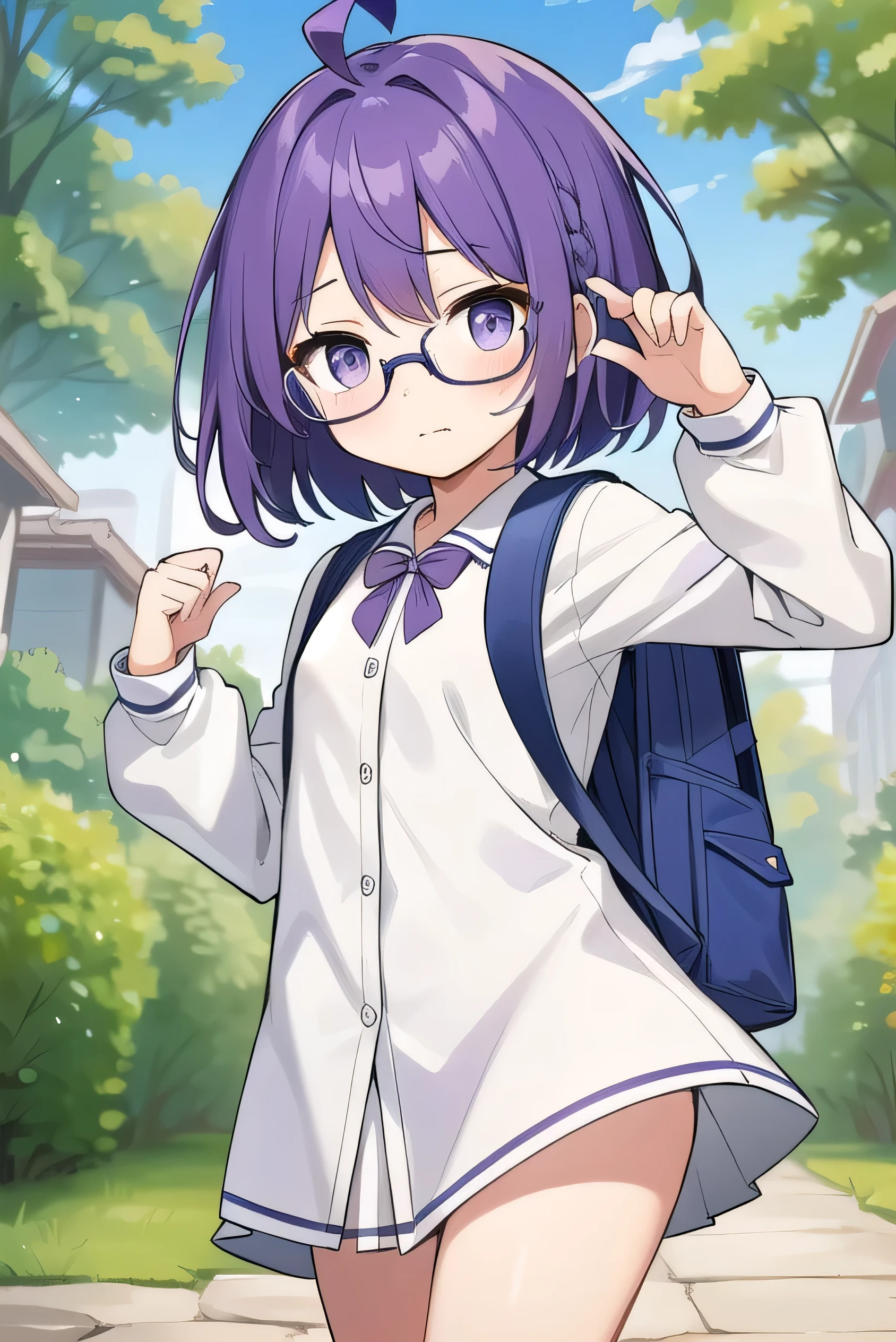 (Purple hair:1.4), gray eyes, white , navy blue miniskirt, 11 years old, short, short long hair, kind expression, shy, backpack, almost no breasts, slightly exposed. hair,(flipped hair ), flipped hair, long sleeves, ahoge, girl alone, flipped hair, flipped hair, flipped hair, flipped hair, glasses with no edges, embarrassed, flat chest